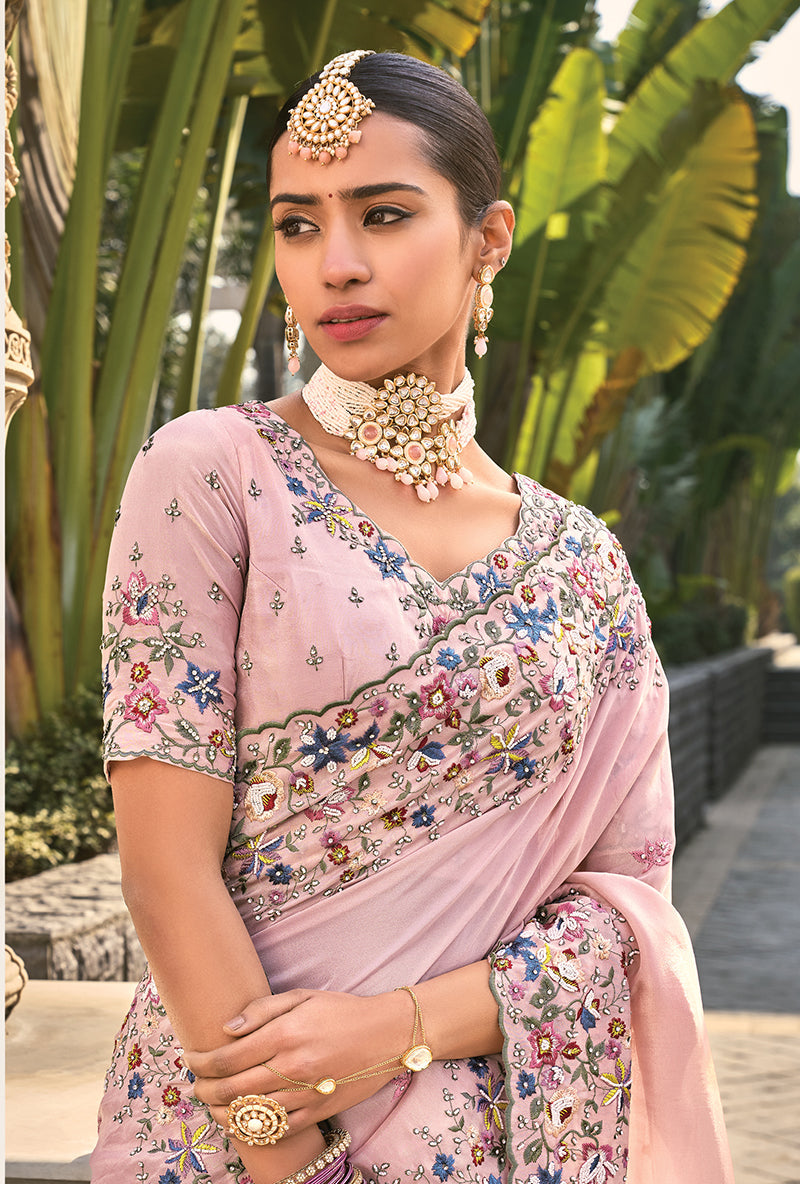 Pink Crepe Jacquard Silk Thread Work Stylish Saree