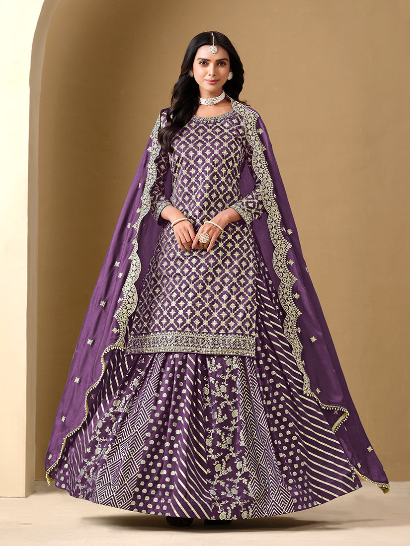 Purple Dola Jacquard Work Readymade Wedding Wear Suit