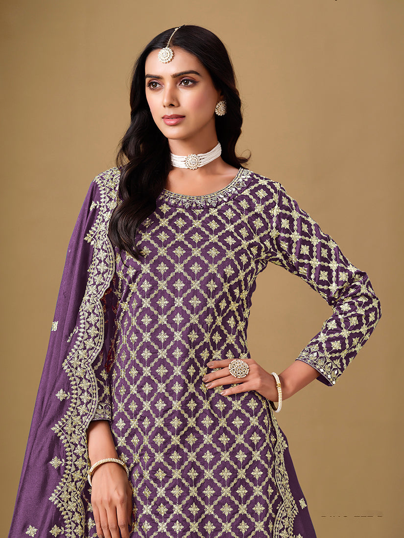 Purple Dola Jacquard Work Readymade Wedding Wear Suit