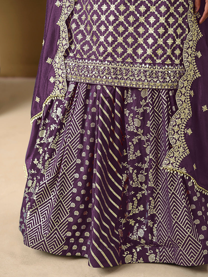 Purple Dola Jacquard Work Readymade Wedding Wear Suit