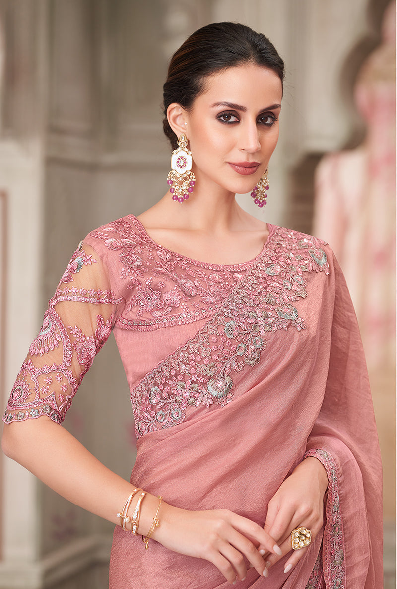 Pink Georgette Satin Embroidered Work Saree