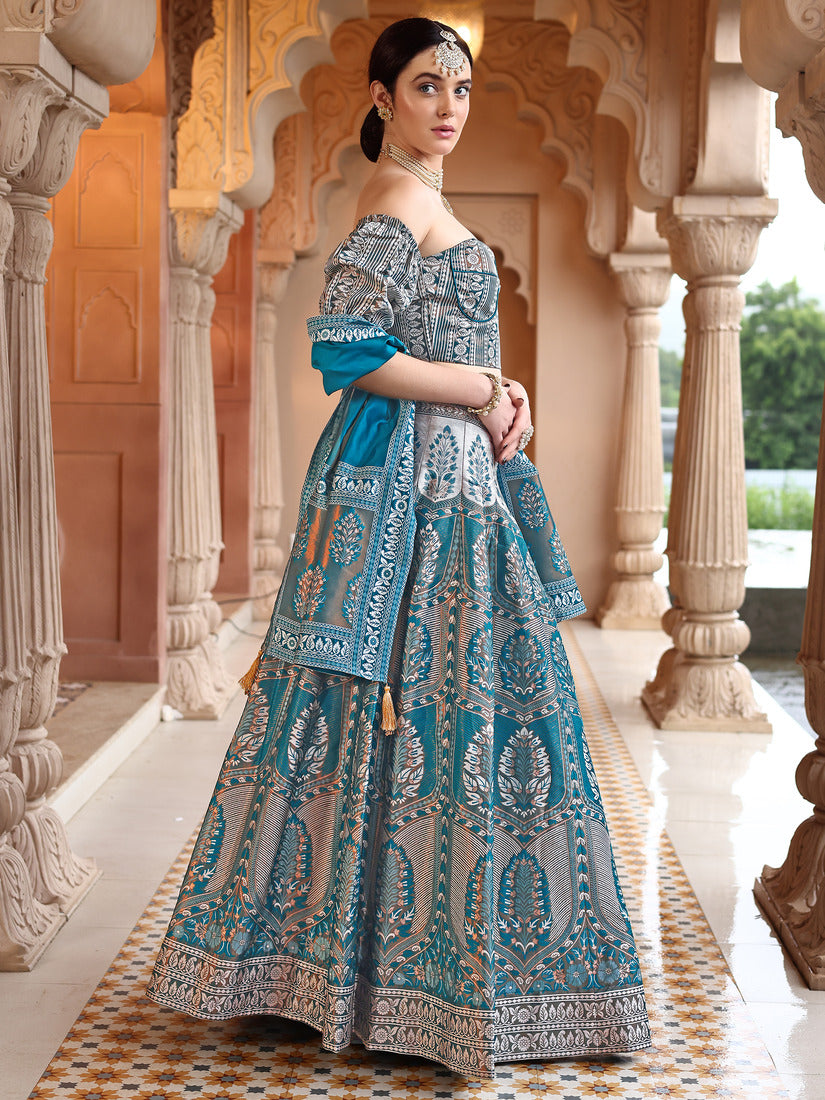 Teal Kanjivaram Silk Weaving Zari Lehenga Choli