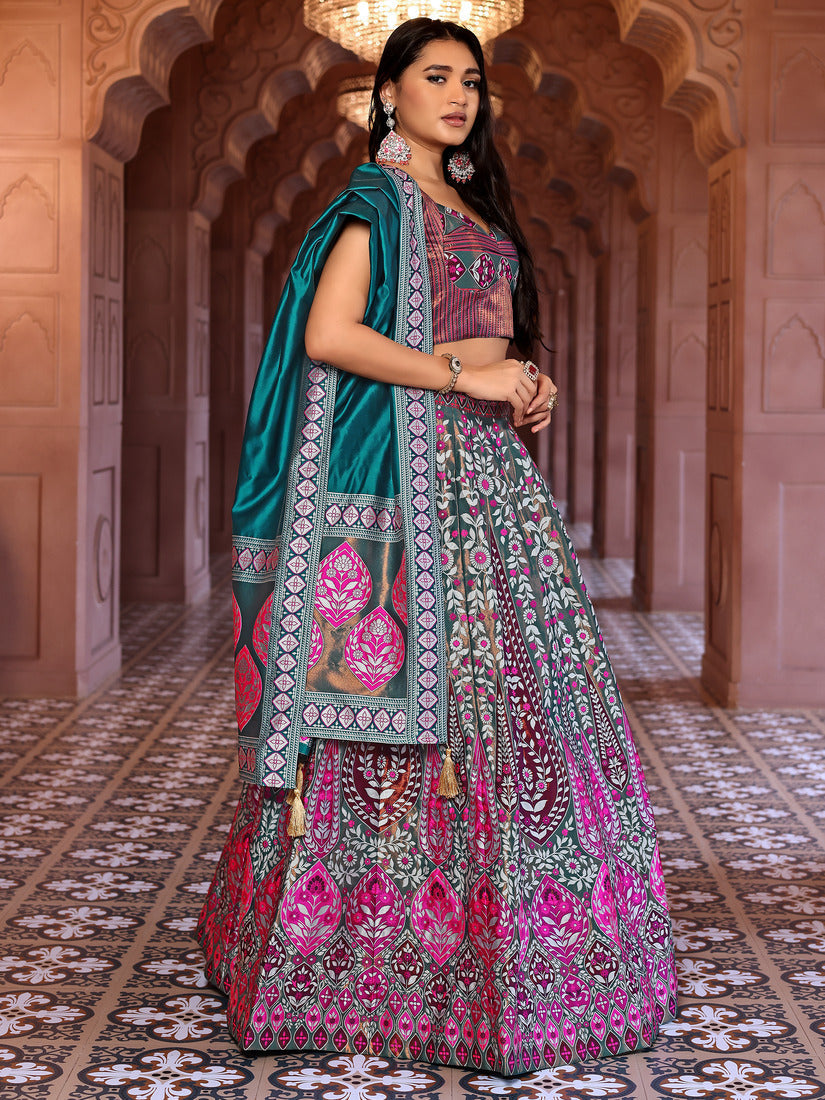 Teal Kanjivaram Silk Weaving Zari Lehenga Choli