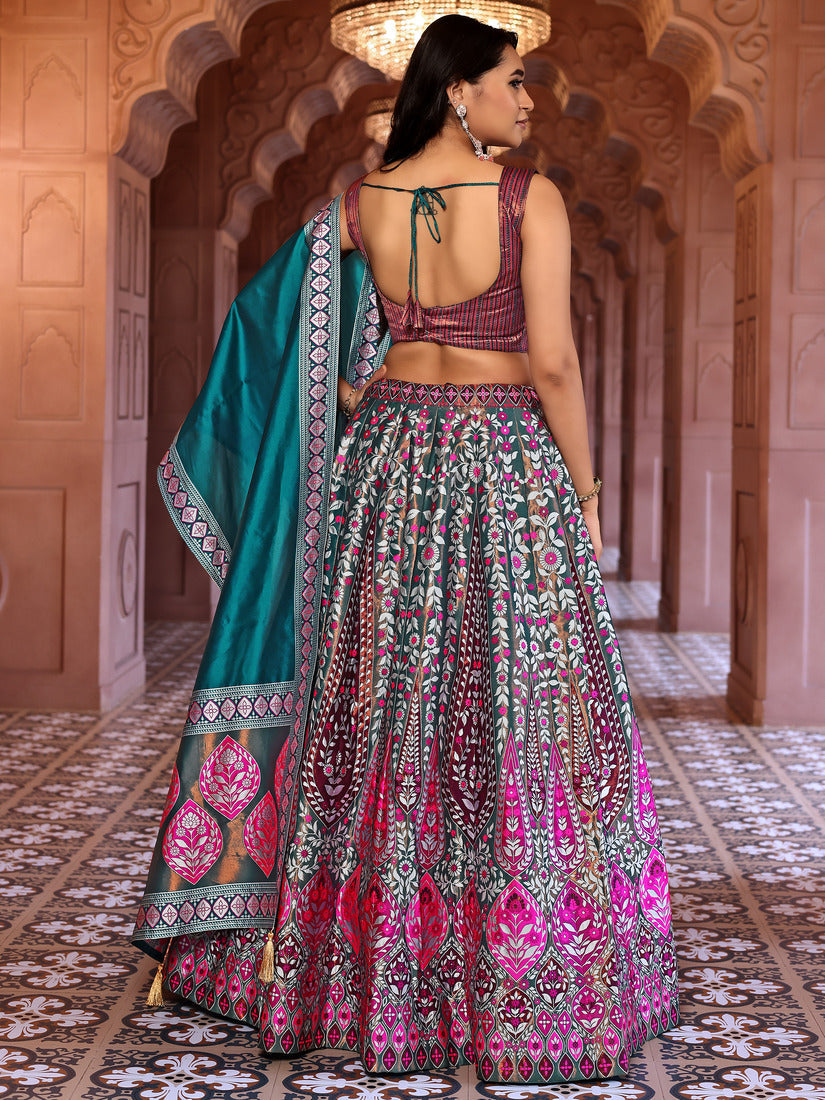 Teal Kanjivaram Silk Weaving Zari Lehenga Choli