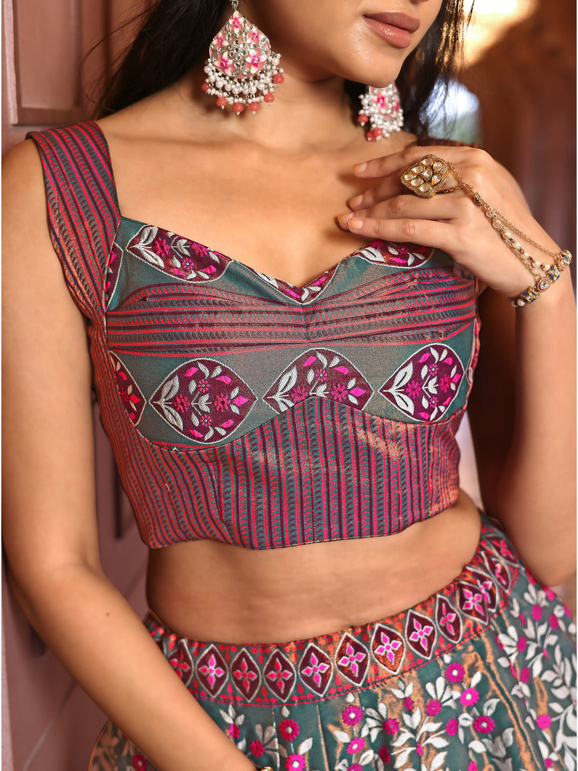 Teal Kanjivaram Silk Weaving Zari Lehenga Choli