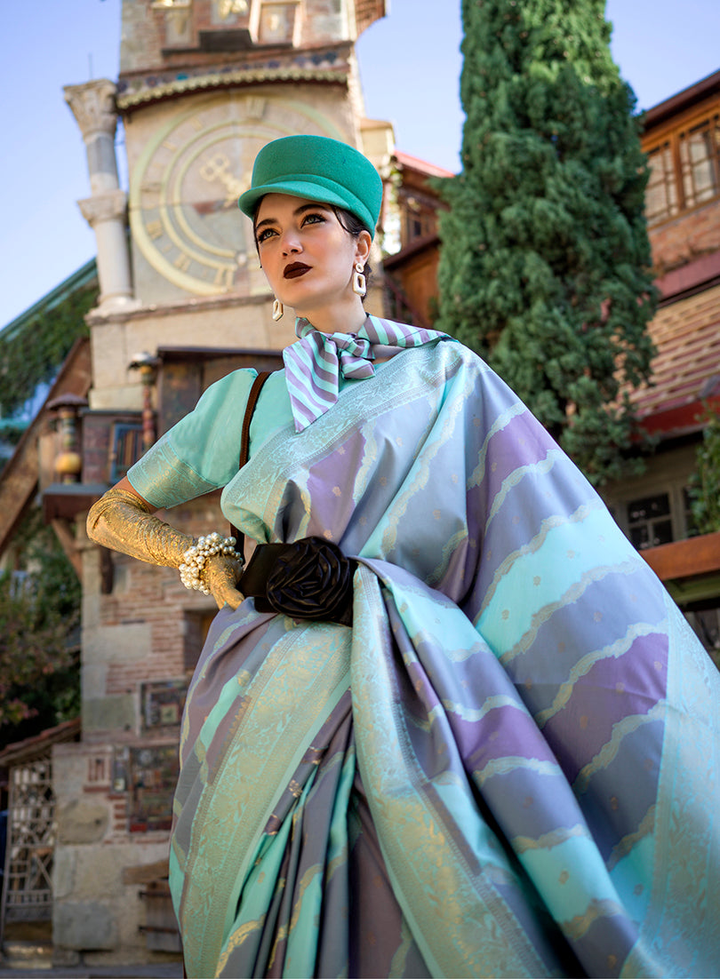 Aqua Blue Katan Silk Saree with Traditional Zari Weaving