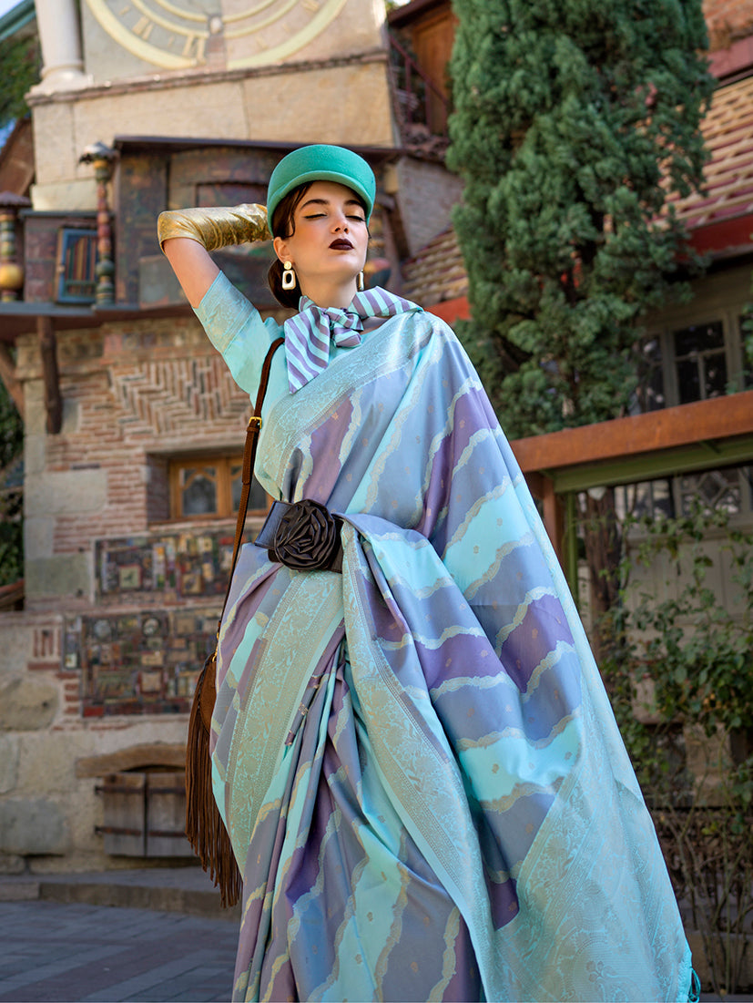 Aqua Blue Katan Silk Saree with Traditional Zari Weaving