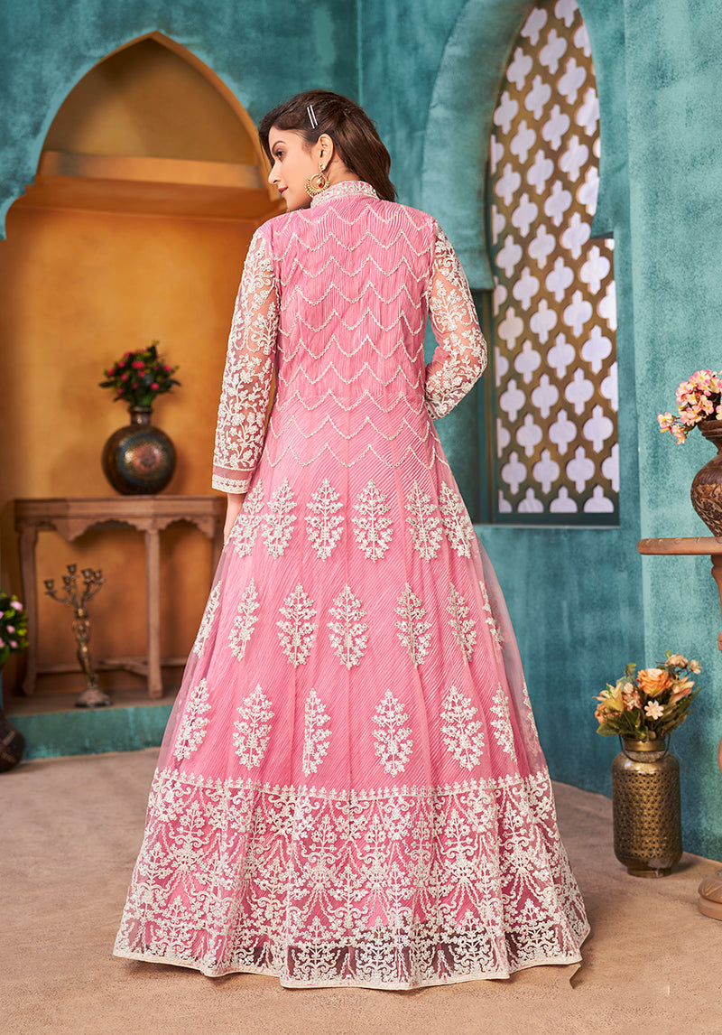 Pink Net Embroidered Designer Floor Length Suit