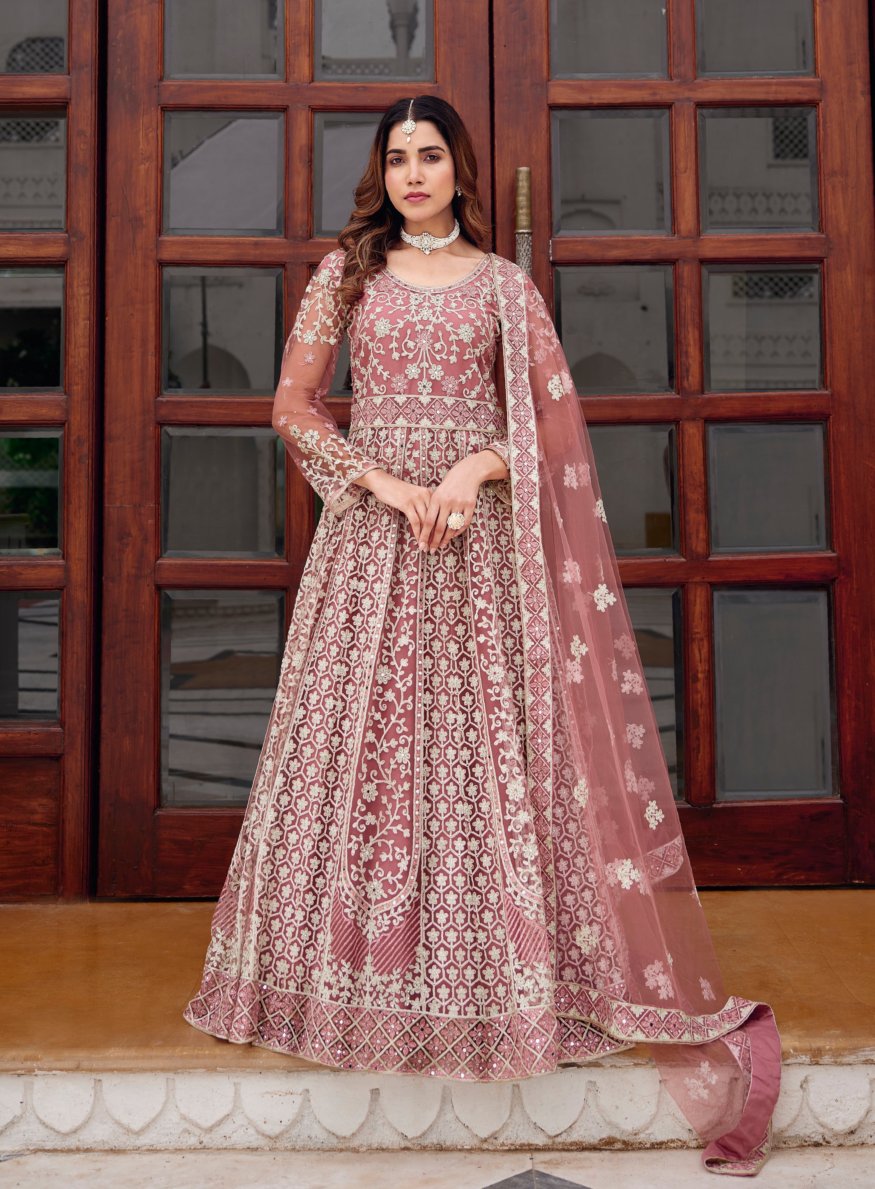 Pink Net Embroidered Readymade Trendy Gown