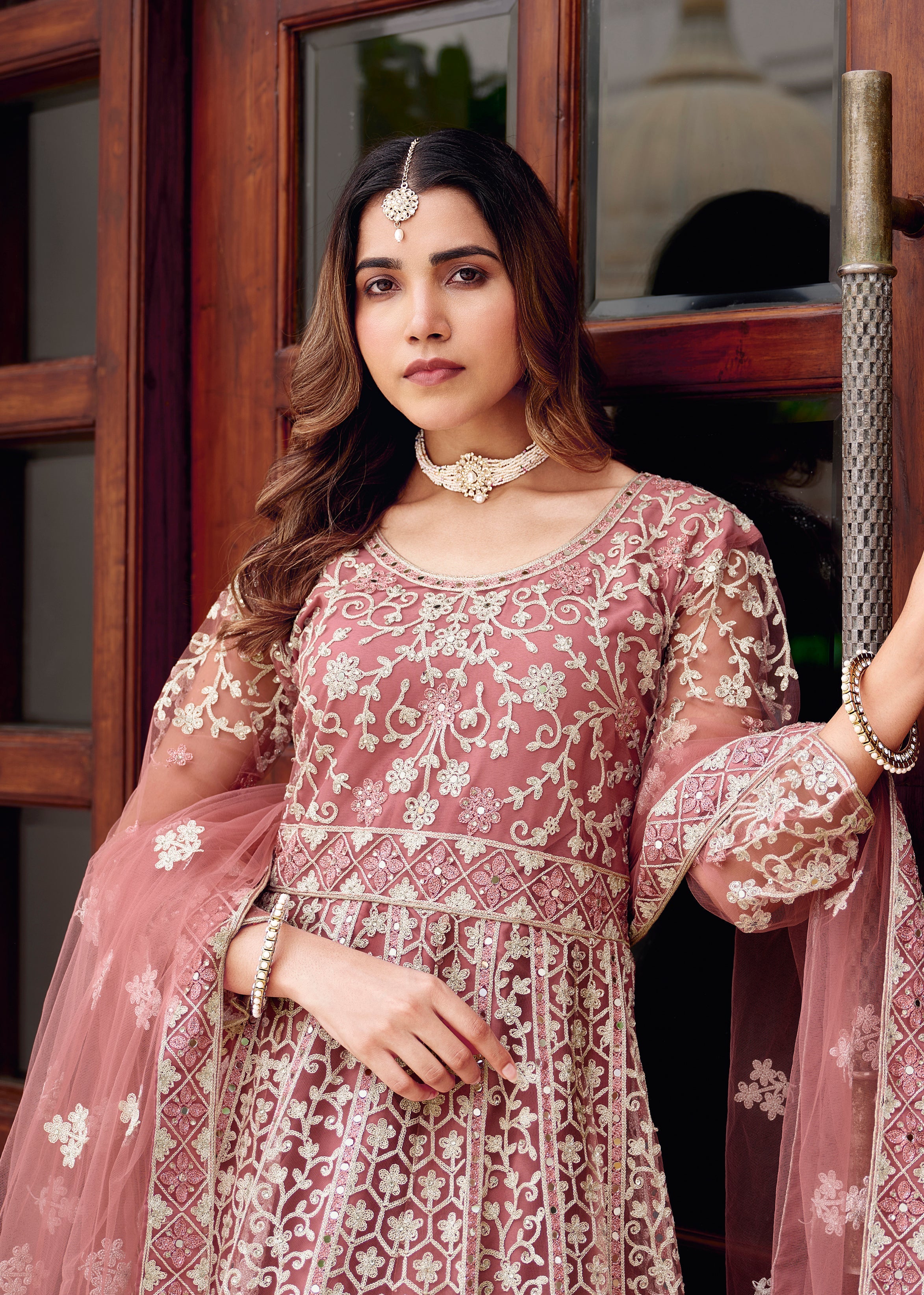 Pink Net Embroidered Readymade Trendy Gown