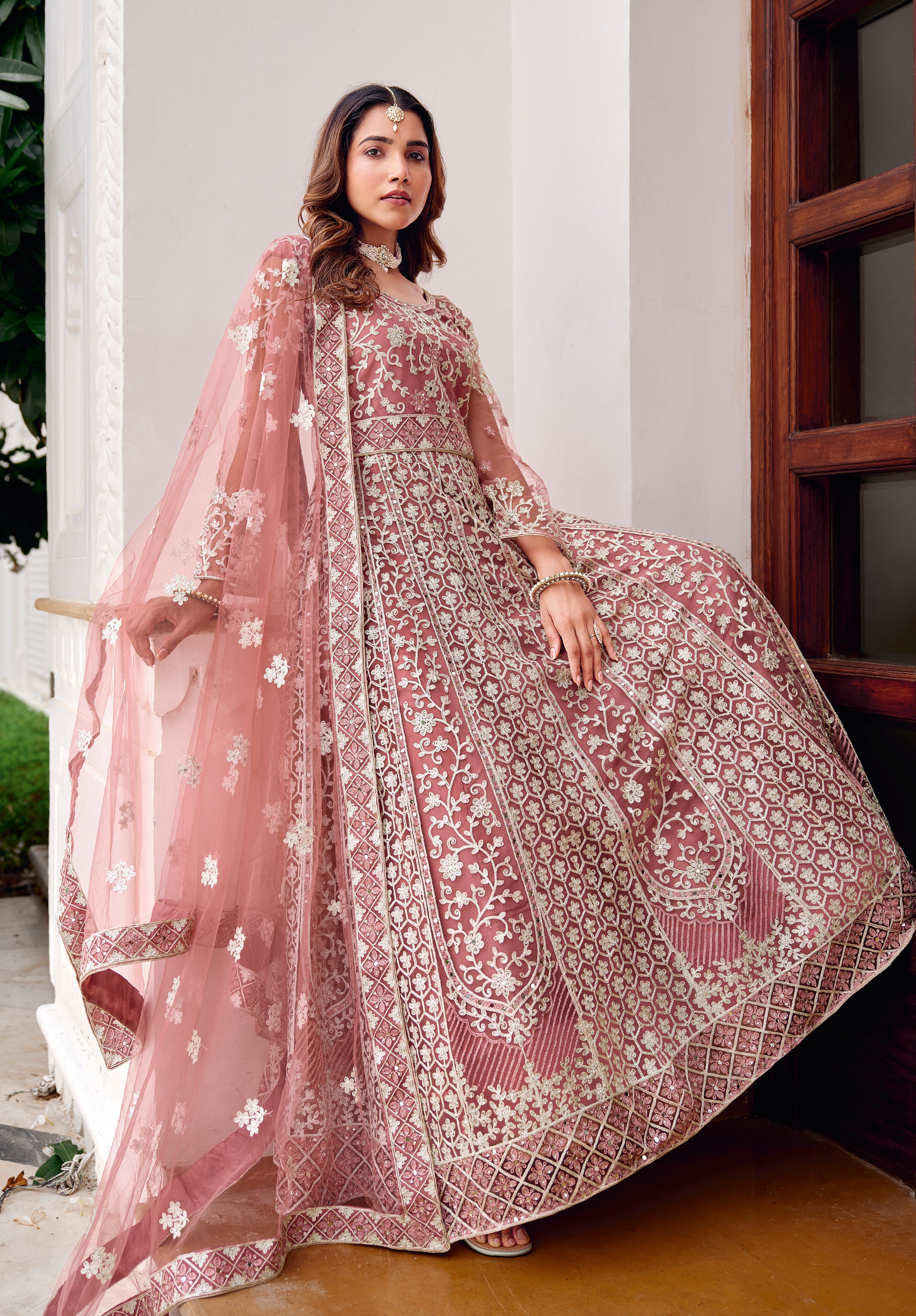 Pink Net Embroidered Readymade Trendy Gown