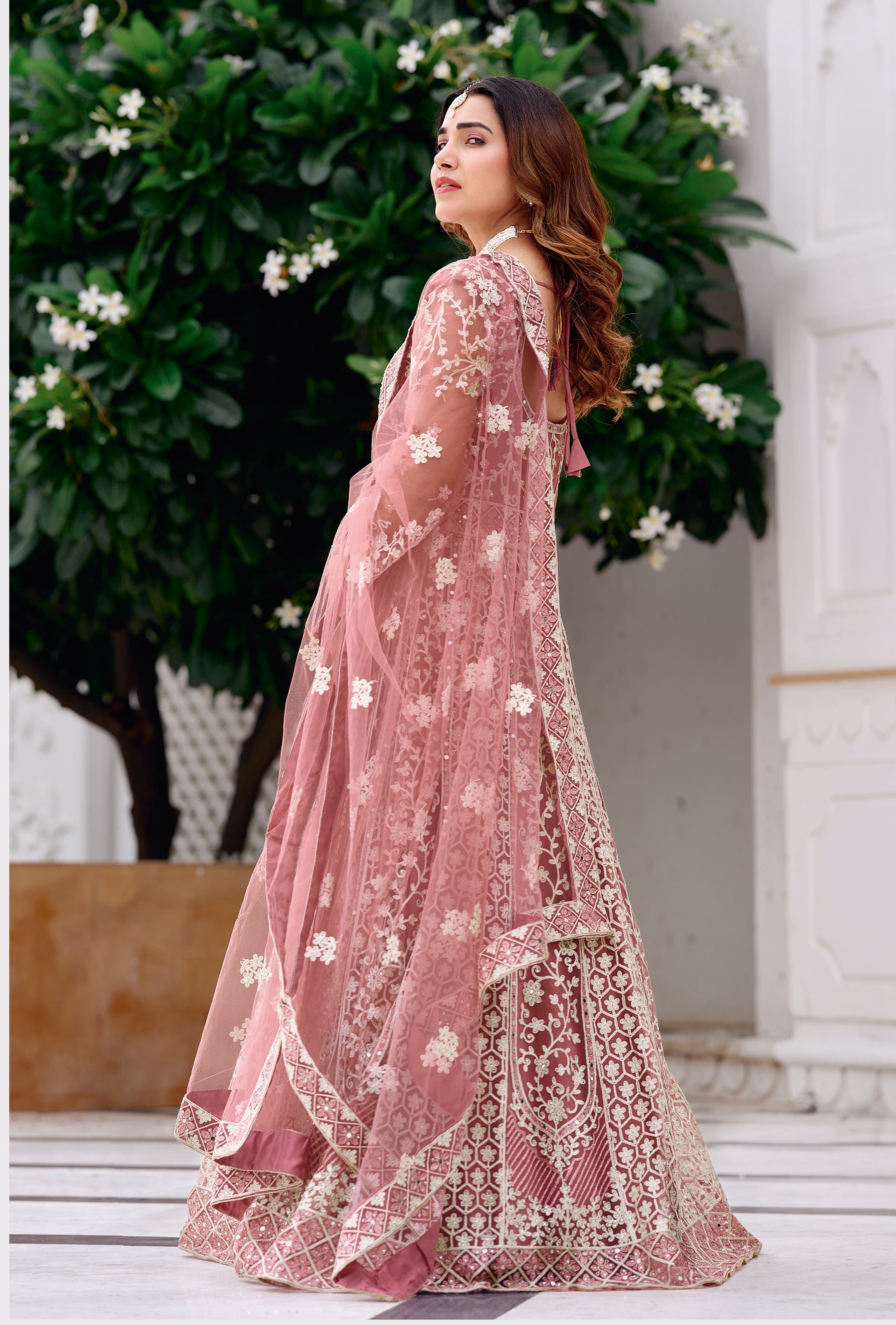 Pink Net Embroidered Readymade Trendy Gown