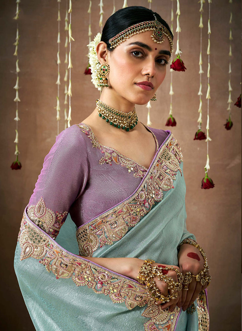 Sky Blue Organza Silk Embroidered Wedding Saree