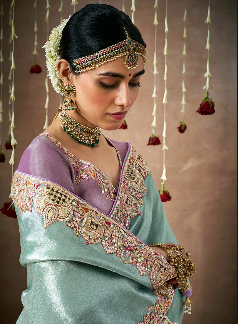 Sky Blue Organza Silk Embroidered Wedding Saree