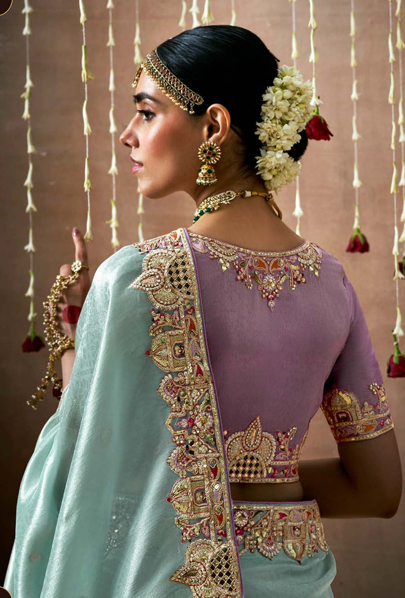 Sky Blue Organza Silk Embroidered Wedding Saree