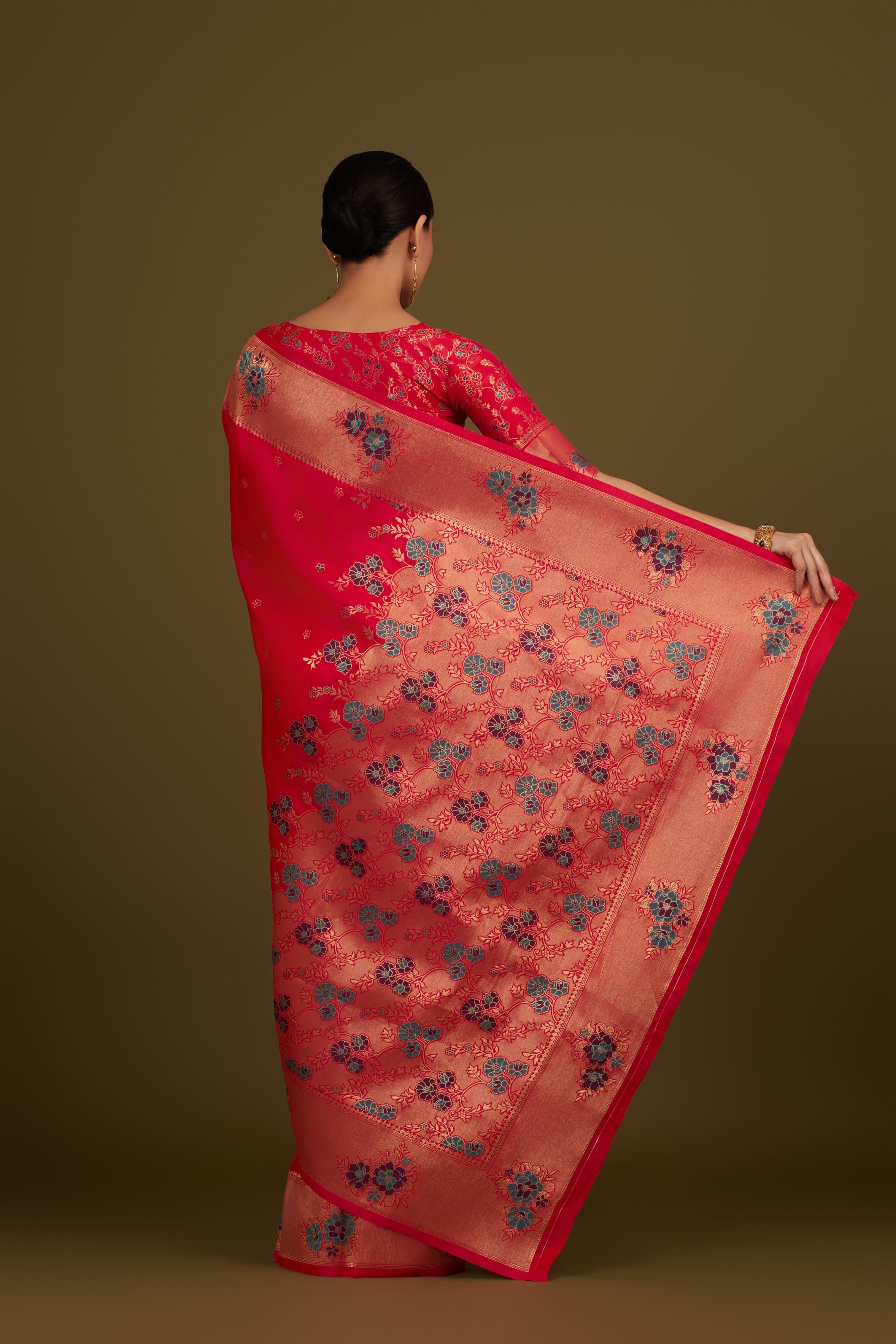 Red Silk Blend Zari Woven Classic Saree