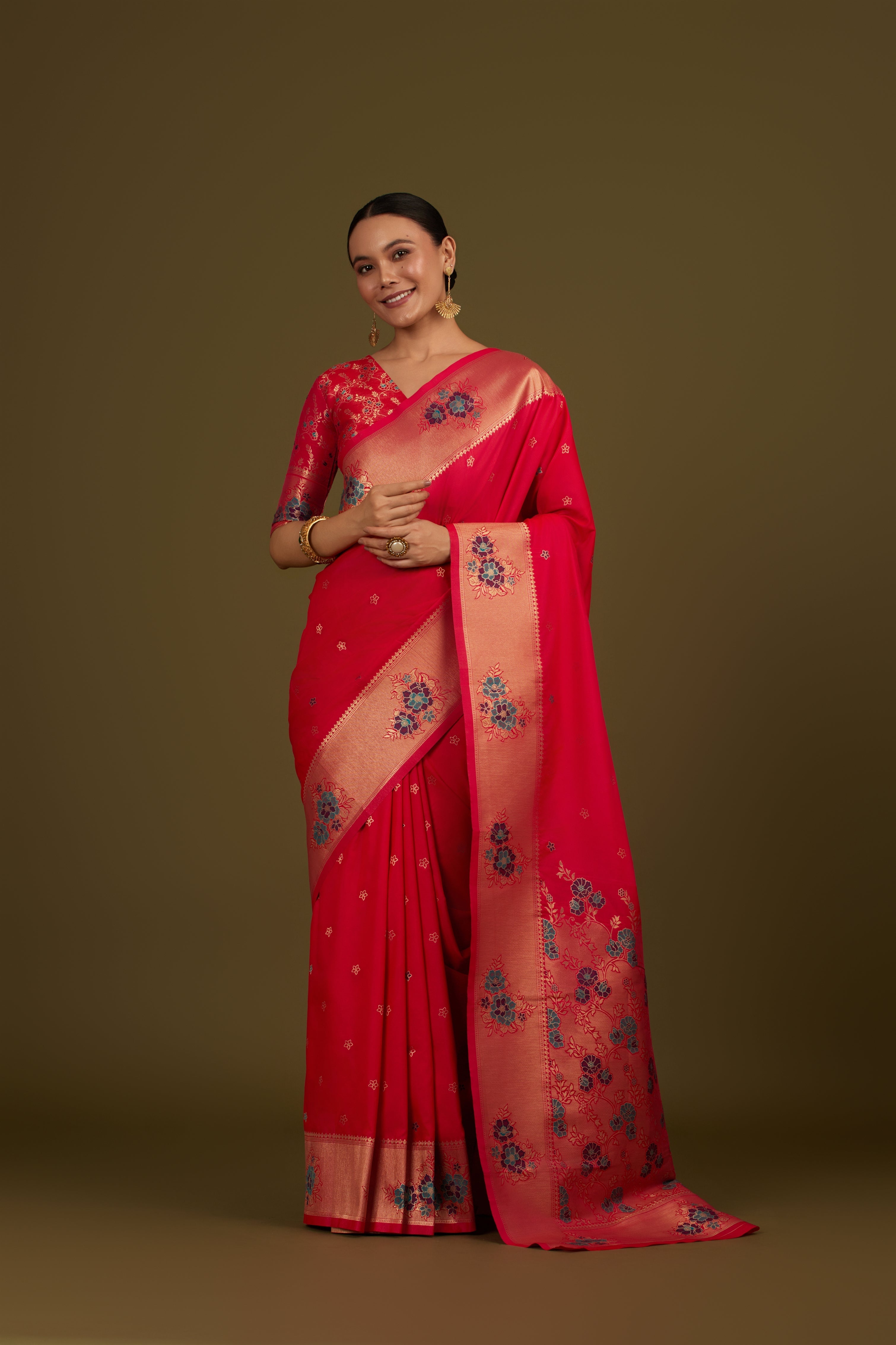 Red Silk Blend Zari Woven Classic Saree