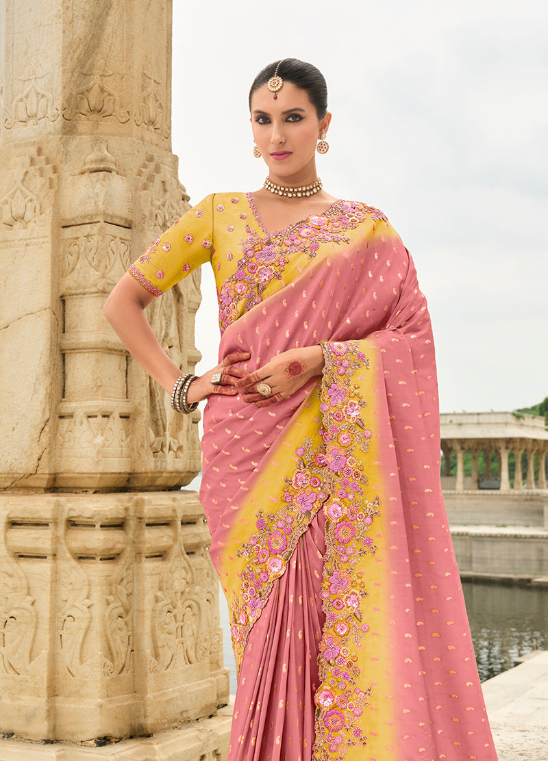 Pink Silk Embroidered Cutwork Reception Wear Classic Saree