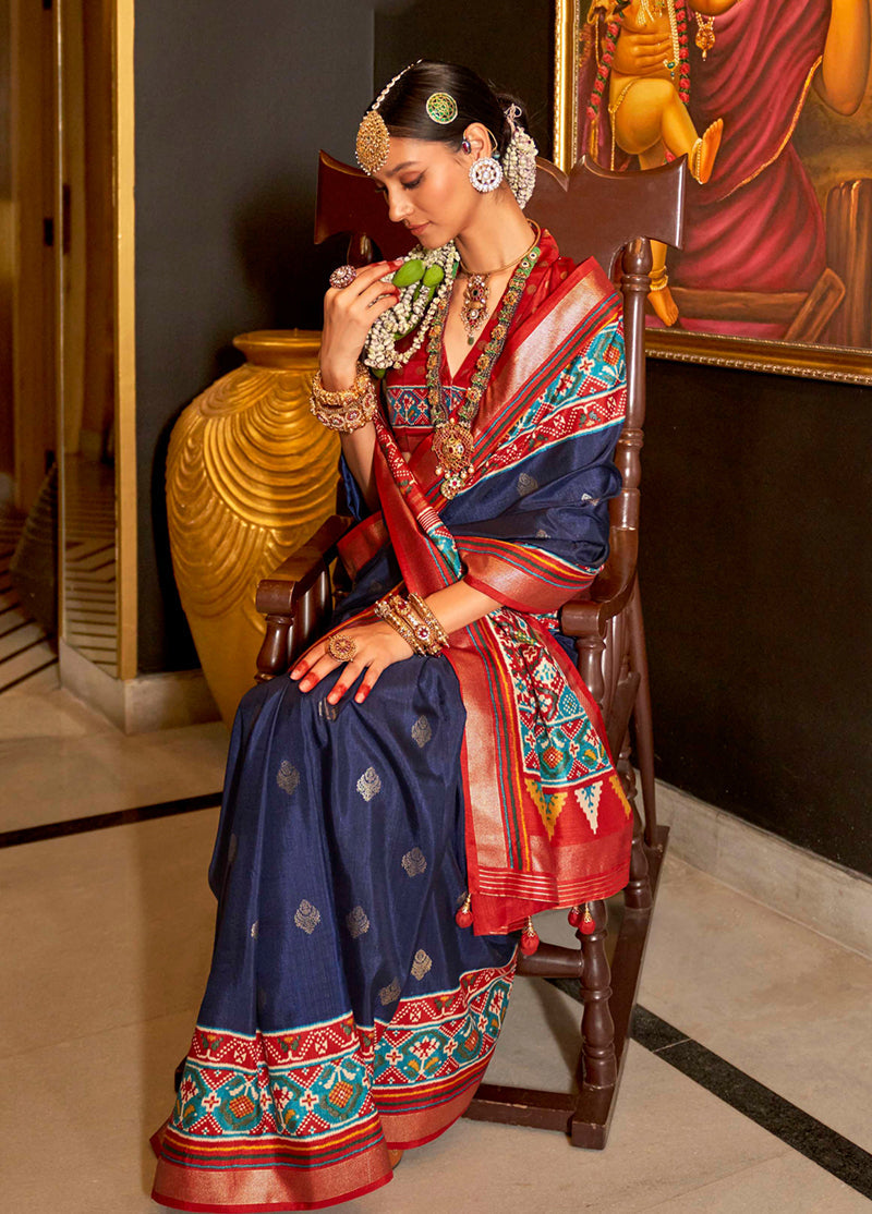 Navy Blue Silk Patola Print Designer Saree