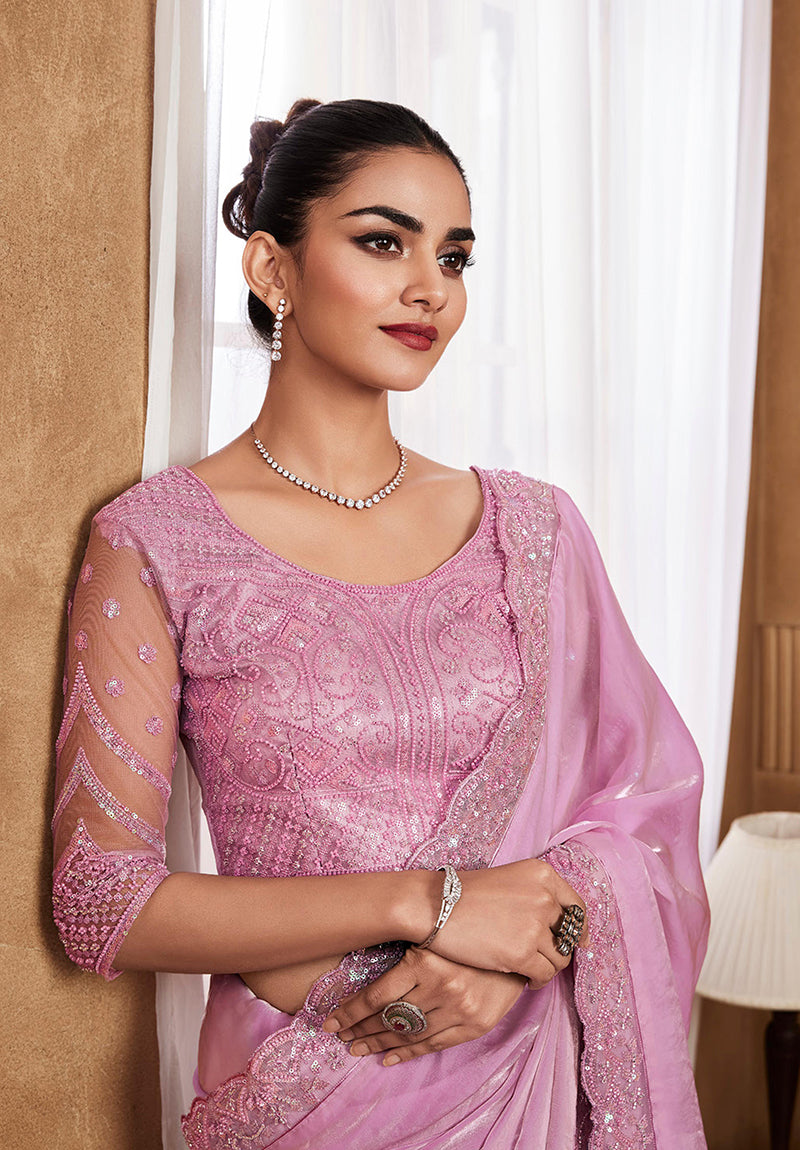 Pink Silk Sequins & Thread Work Embellishments Saree