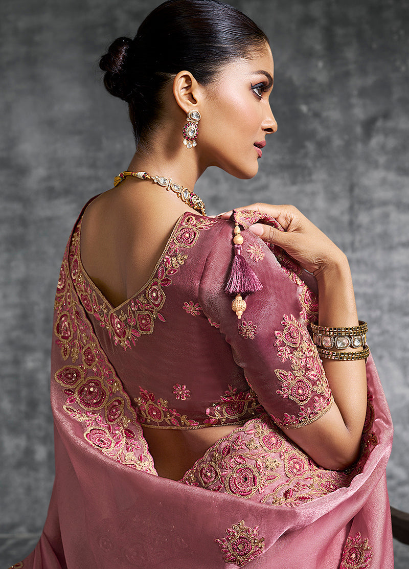 Pink Tissue Traditional Saree with Embroidered, Resham and Thread Work for Ceremonial