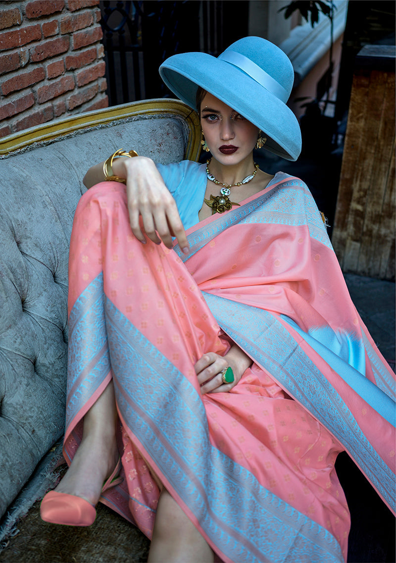 Peach & Light Blue Zari Woven Soft Silk Saree For Festival