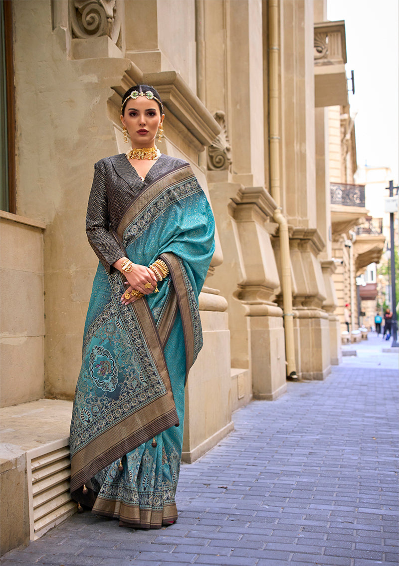 Aqua Blue Viscose Silk Foil Print Traditional Saree