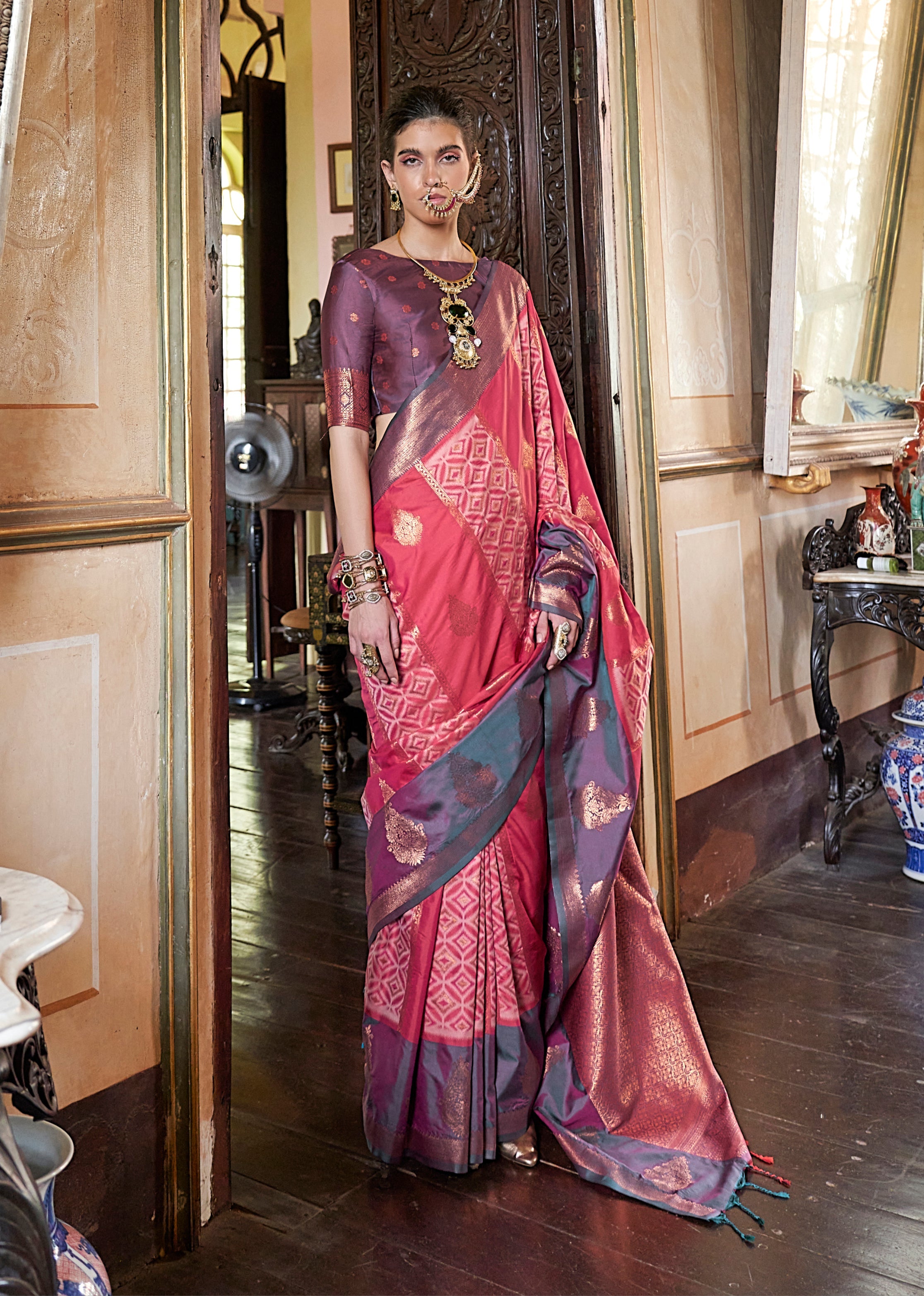 Pink Zari Woven Work Silk Indian Traditional Wear Saree