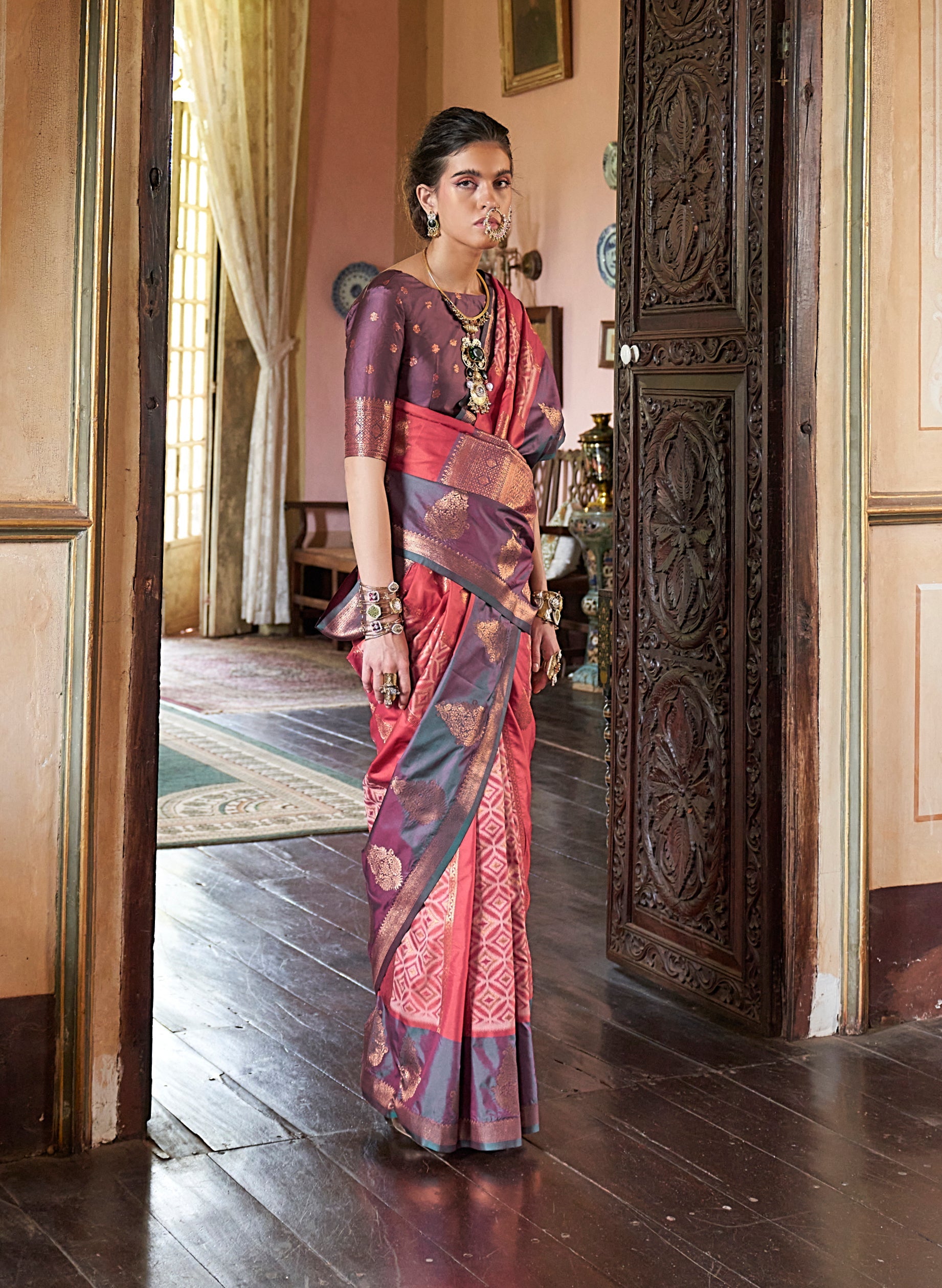 Pink Zari Woven Work Silk Indian Traditional Wear Saree