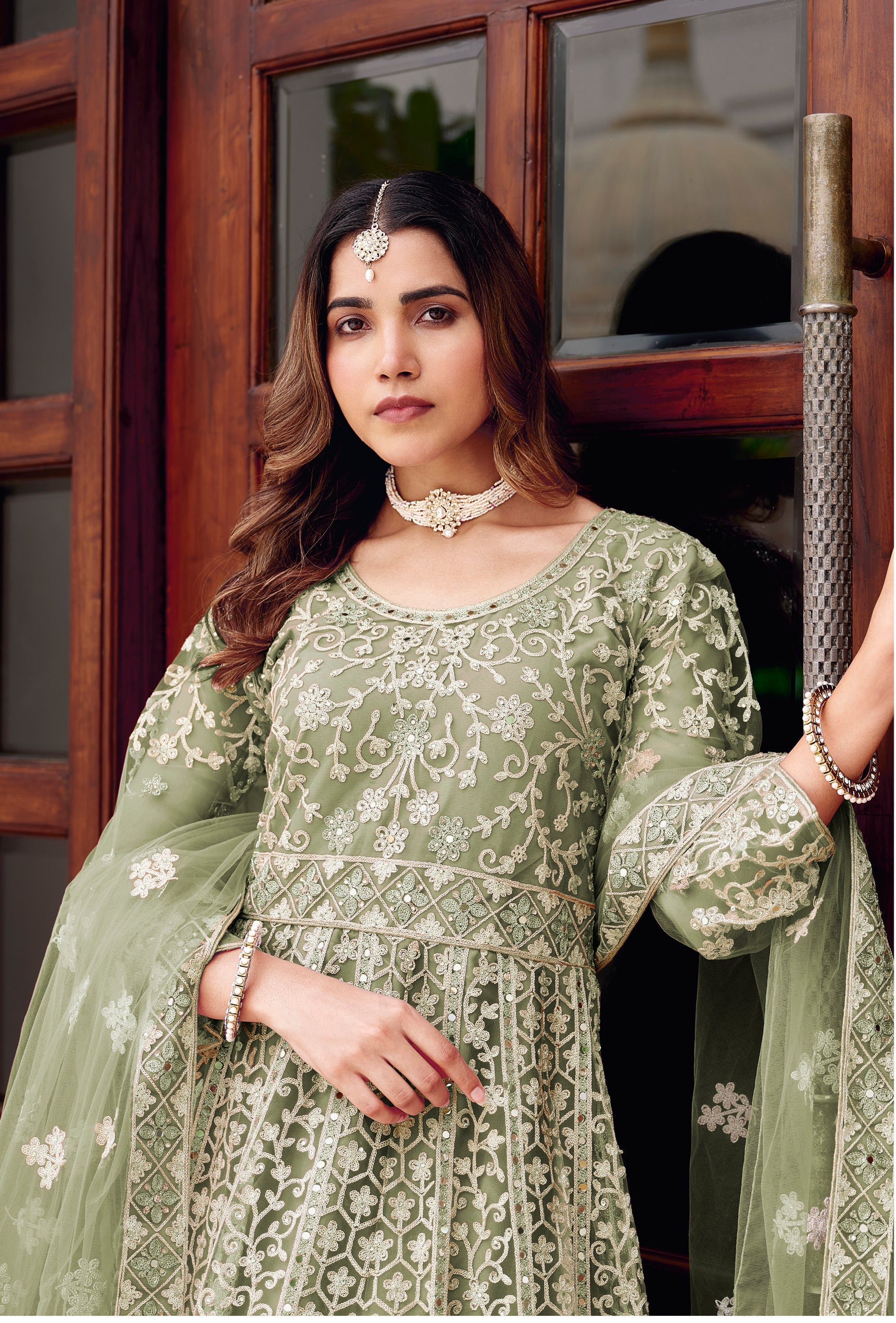 Pista Green Net Embroidered Readymade Trendy Gown