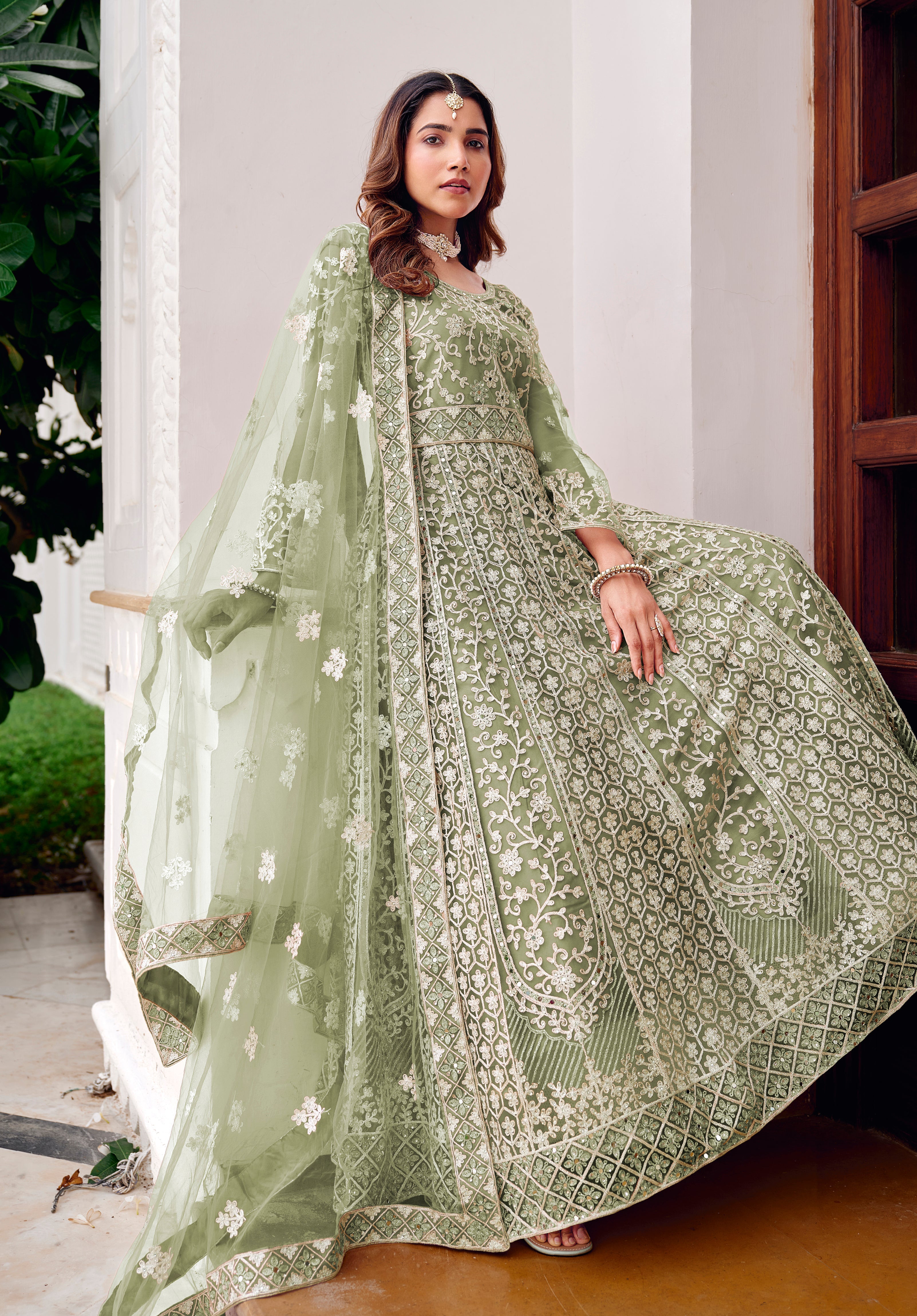 Pista Green Net Embroidered Readymade Trendy Gown