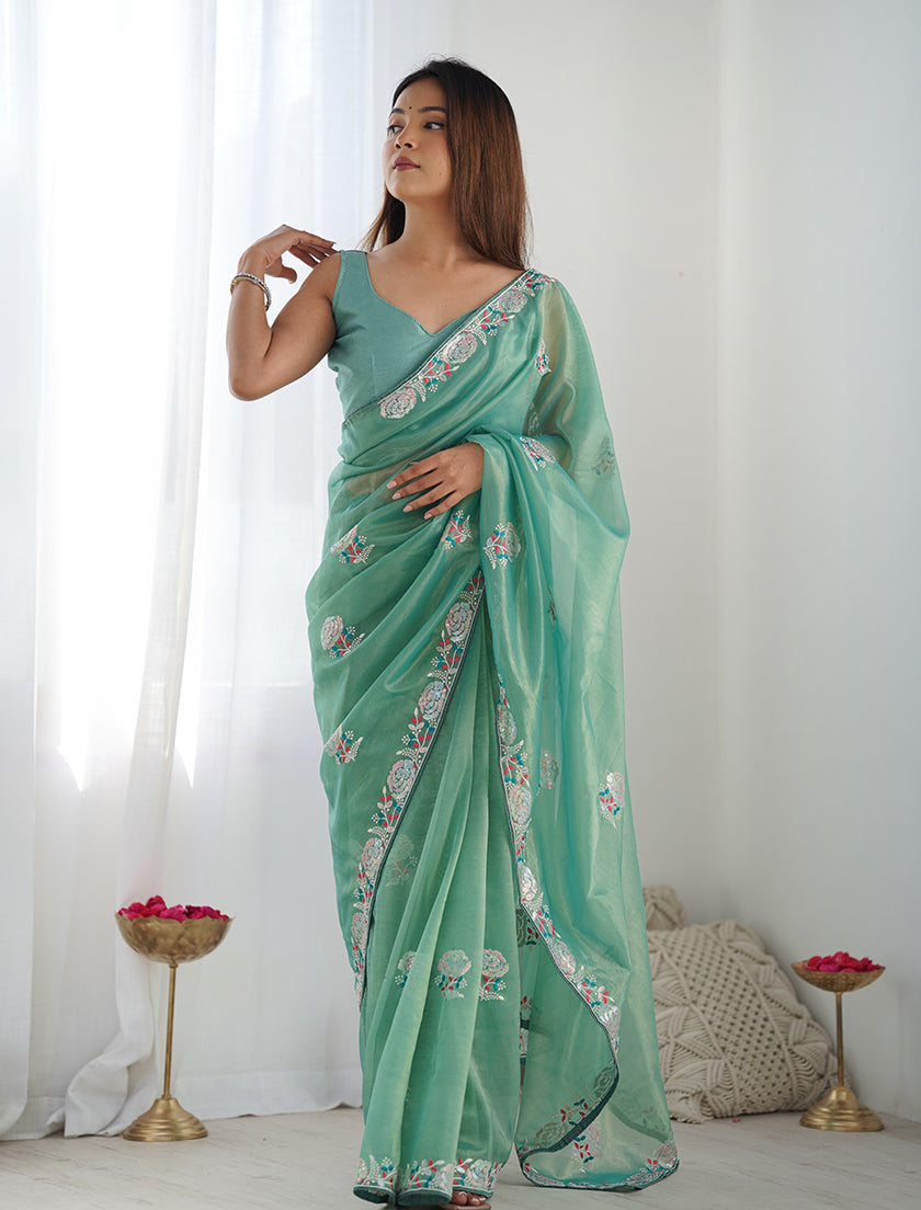 Sea Green Net Thread Embroidery Sequins Work Saree