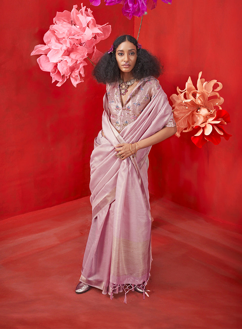 Lilac Shimmering Tissue Silk Saree With Golden Zari Highlights