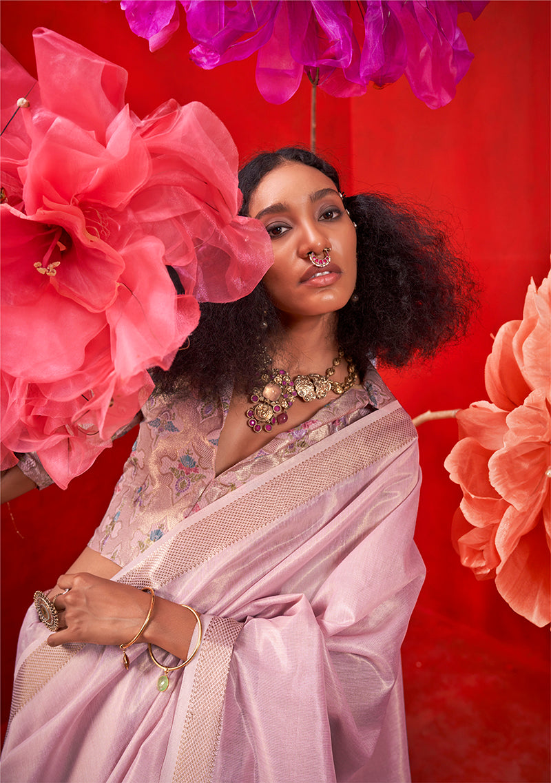 Lilac Shimmering Tissue Silk Saree With Golden Zari Highlights