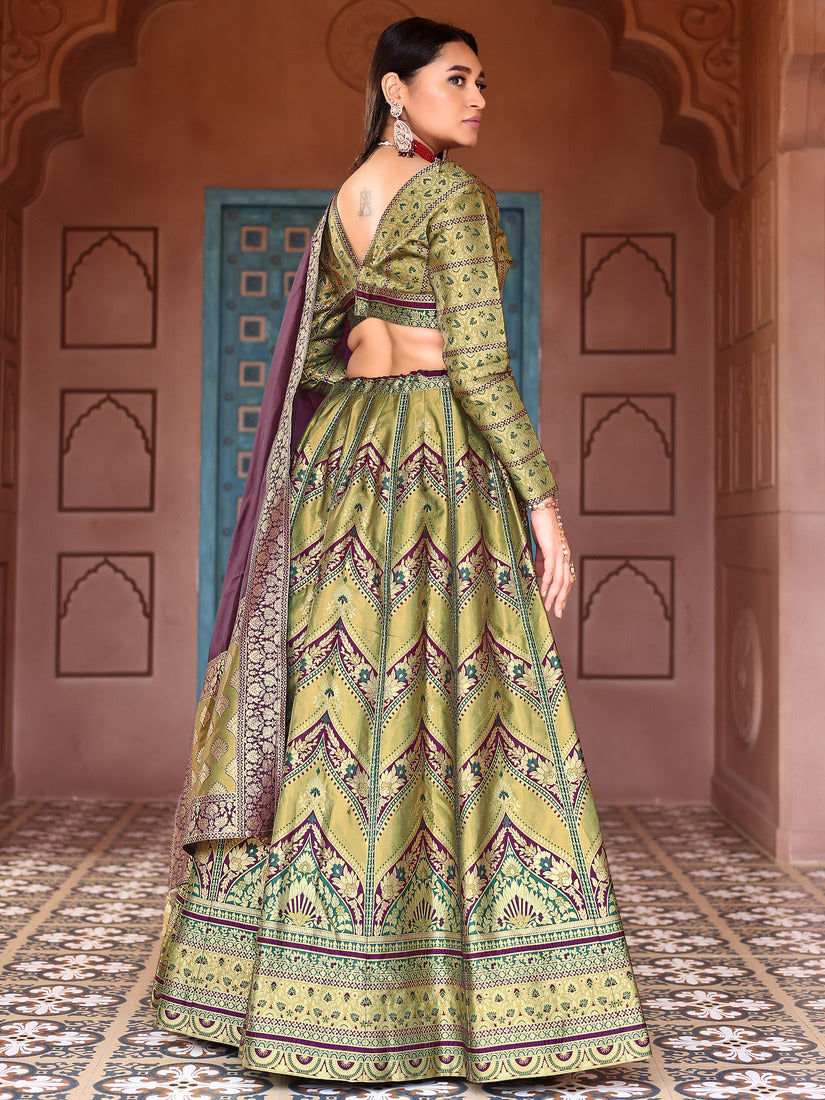Olive Green Kanjivaram Silk Weaving Zari Lehenga Choli