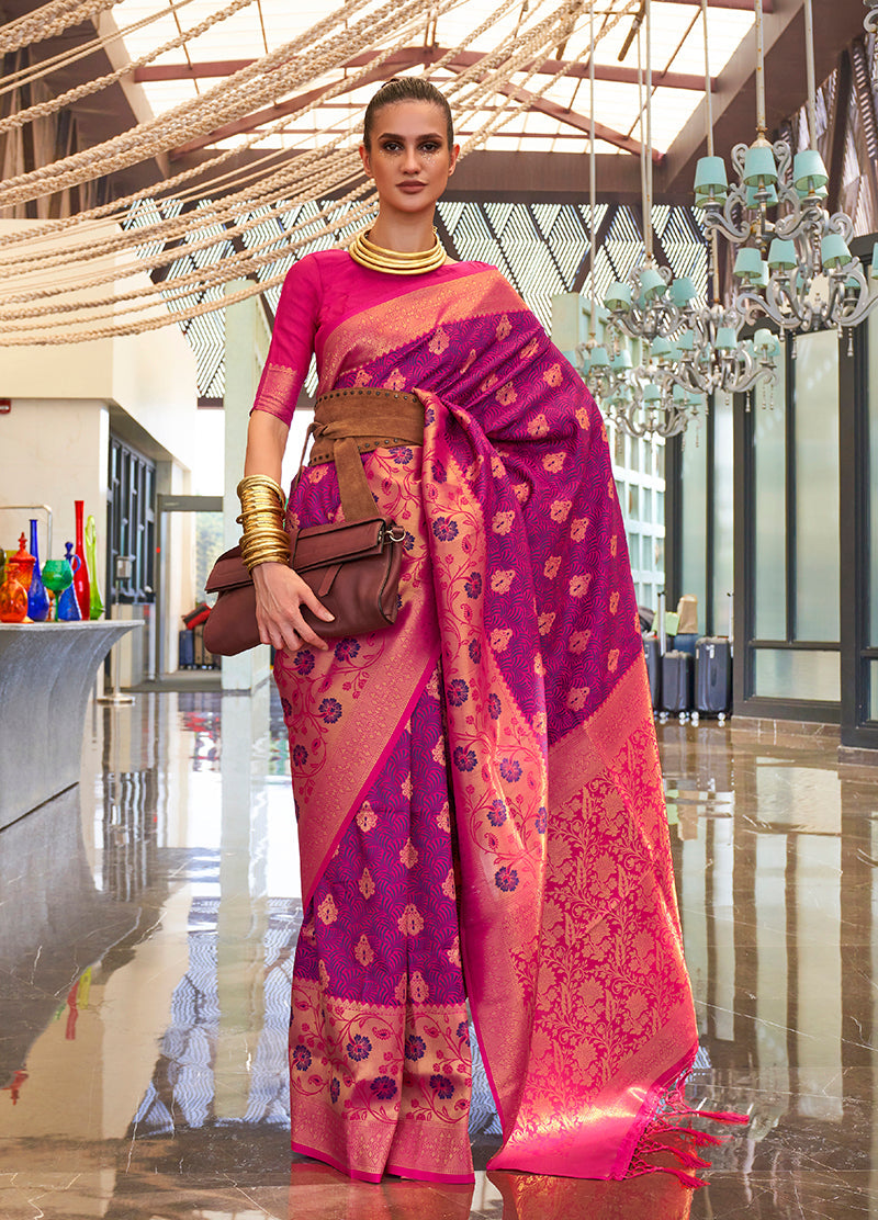 Purple and Rani Pink Weaving Handloom silk Blend Trendy Saree