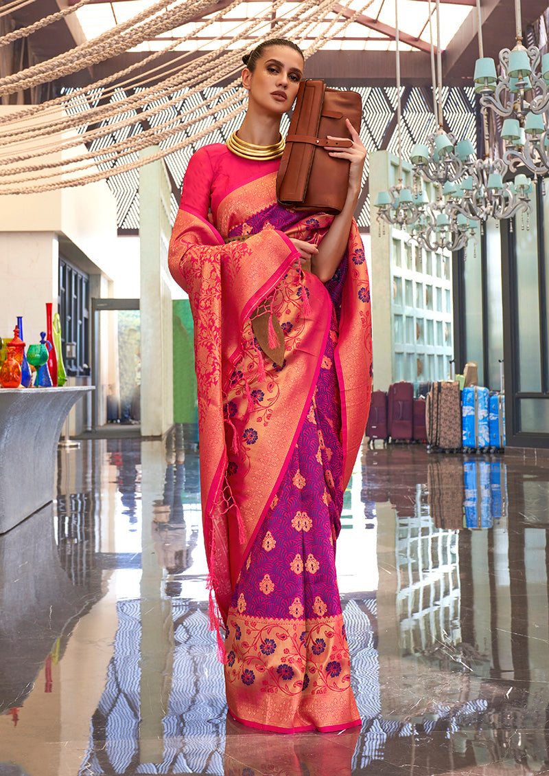Purple and Rani Pink Weaving Handloom silk Blend Trendy Saree