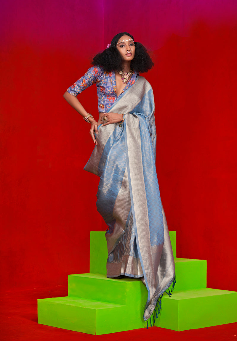 Sky Blue Viscose Zari Weaving Border Traditional Saree