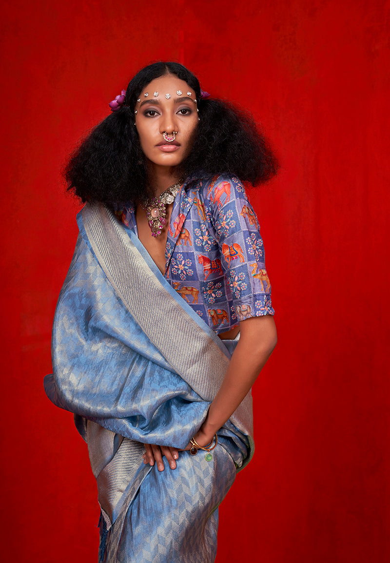 Sky Blue Viscose Zari Weaving Border Traditional Saree