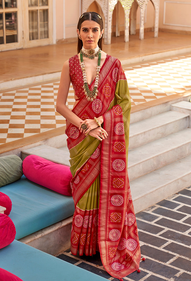 Olive Green & Maroon Silk Foil Print Patola Saree