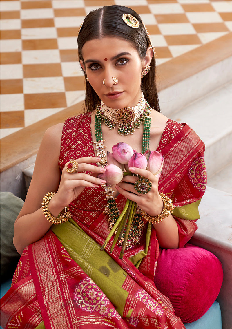 Olive Green & Maroon Silk Foil Print Patola Saree