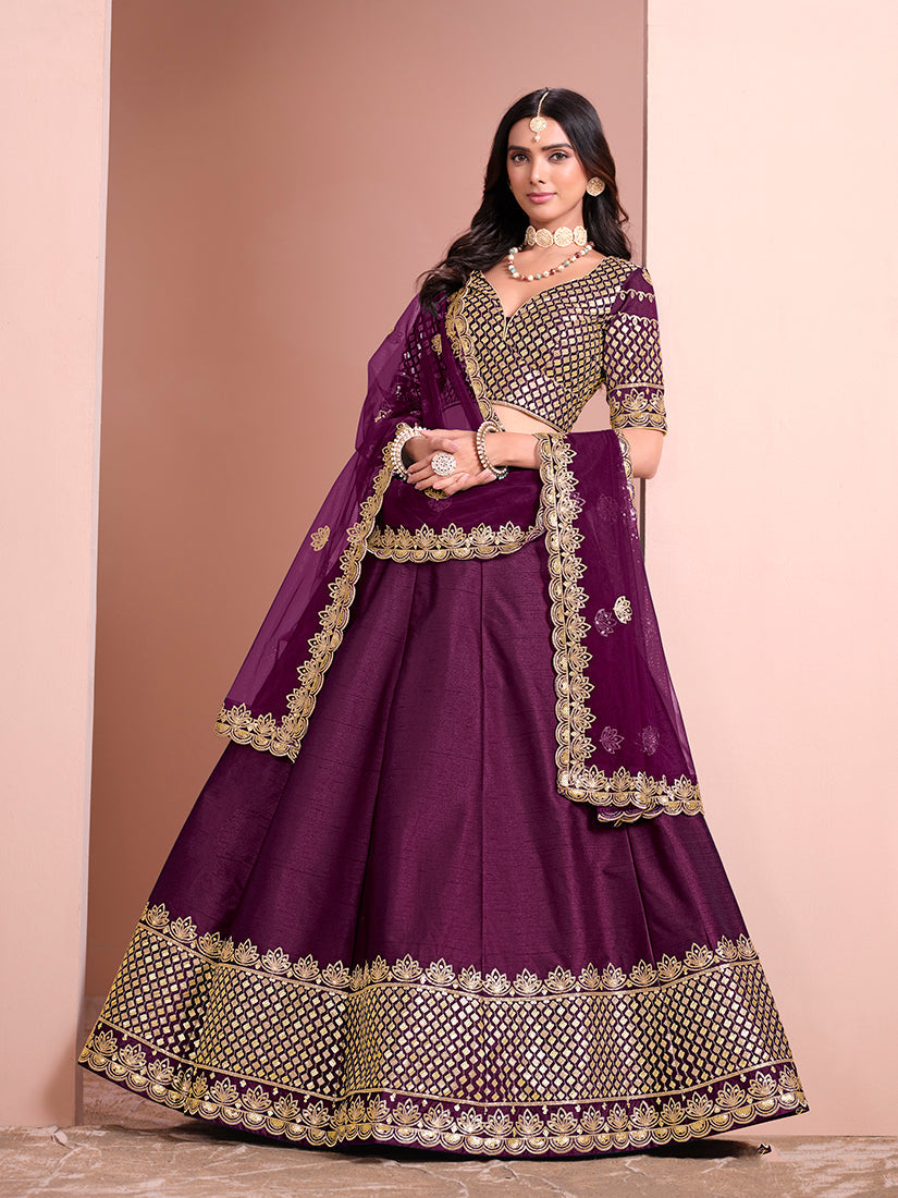 Purple Art Silk Embroidered Trendy A Line Lehenga Choli