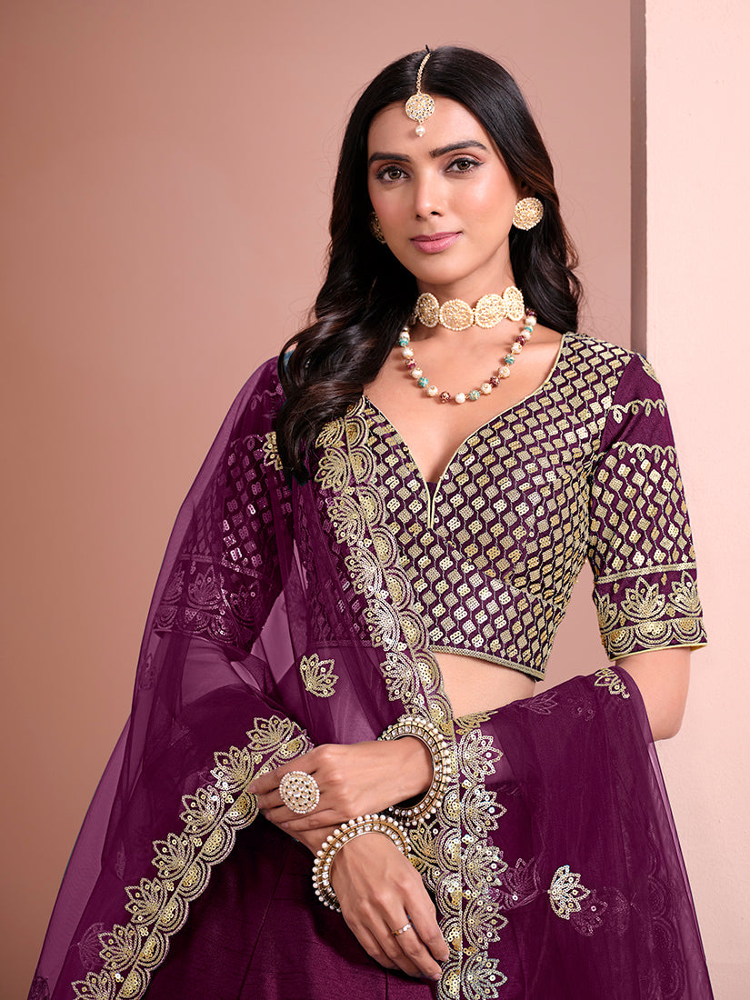 Purple Art Silk Embroidered Trendy A Line Lehenga Choli