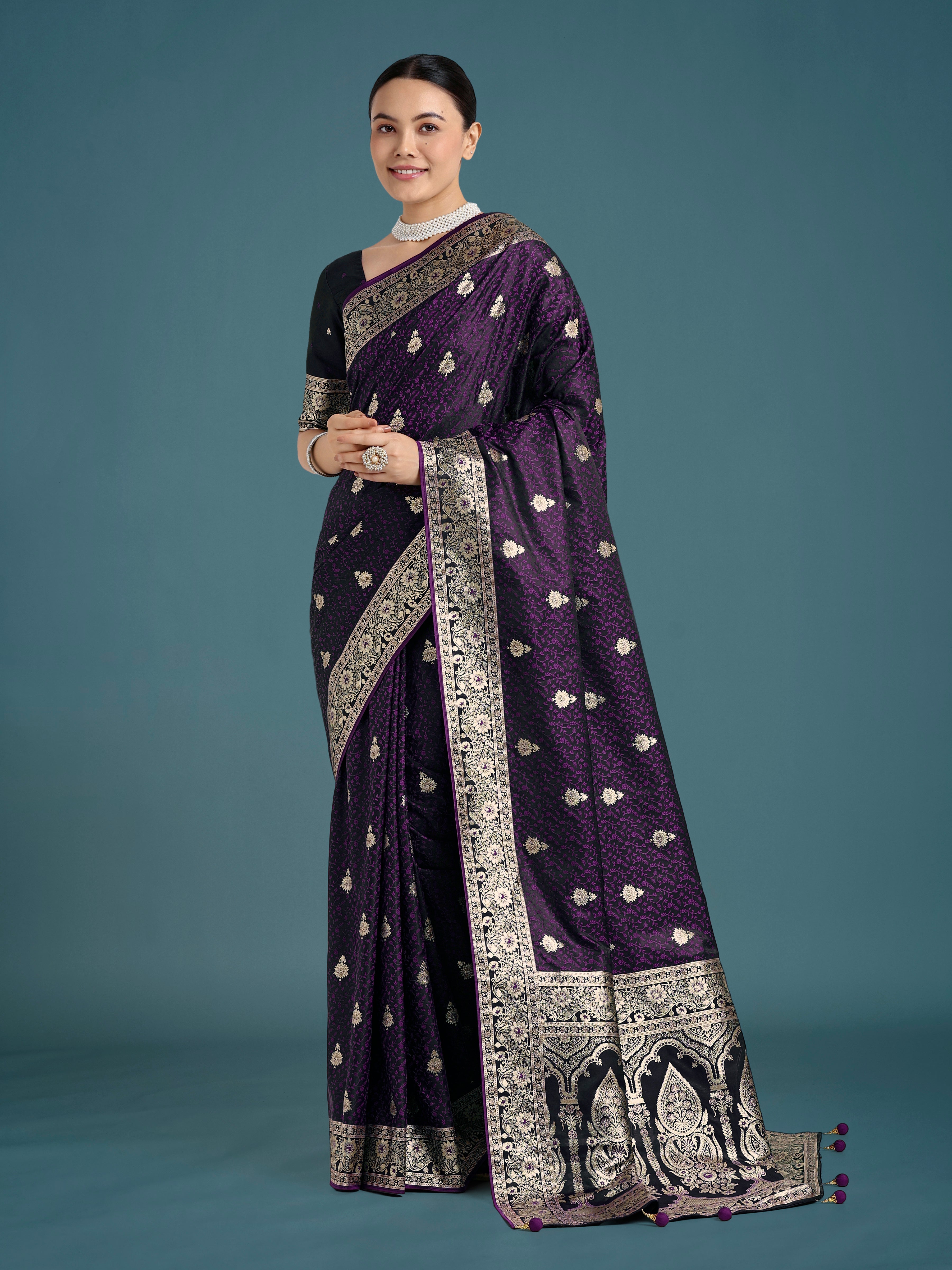 Purple Banarasi Satin Silk Saree with Intricate Zari Woven Work