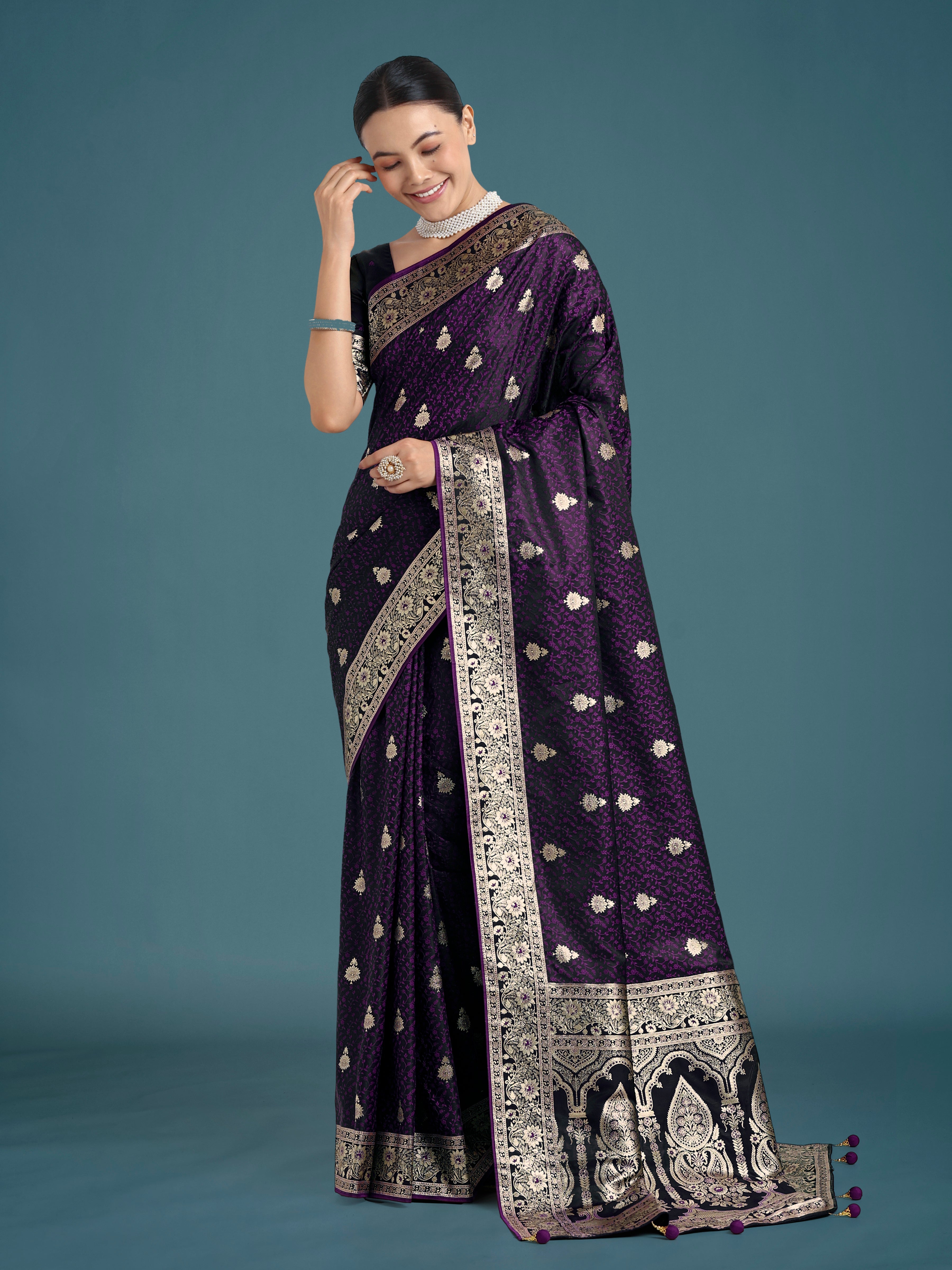 Purple Banarasi Satin Silk Saree with Intricate Zari Woven Work