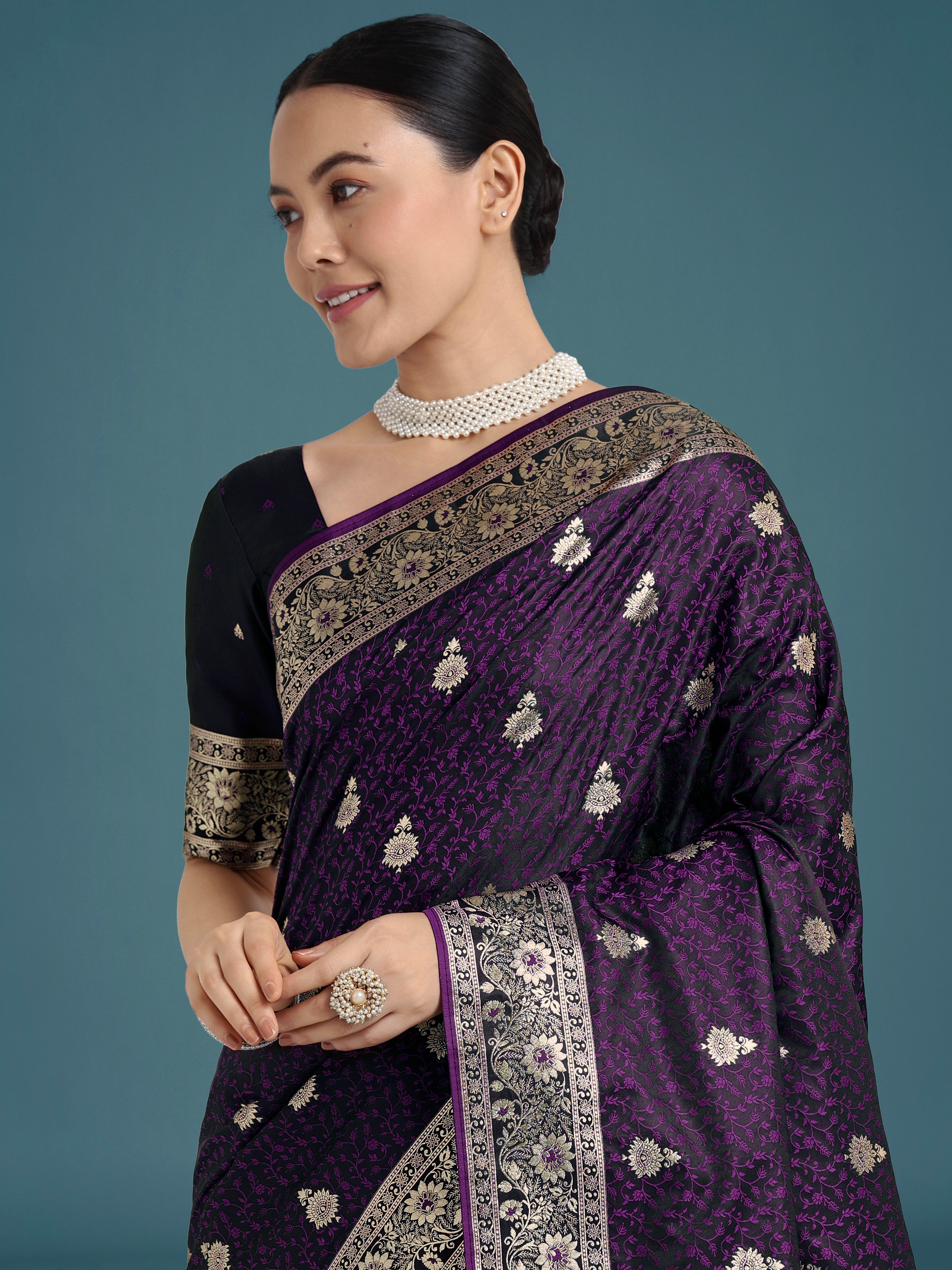Purple Banarasi Satin Silk Saree with Intricate Zari Woven Work