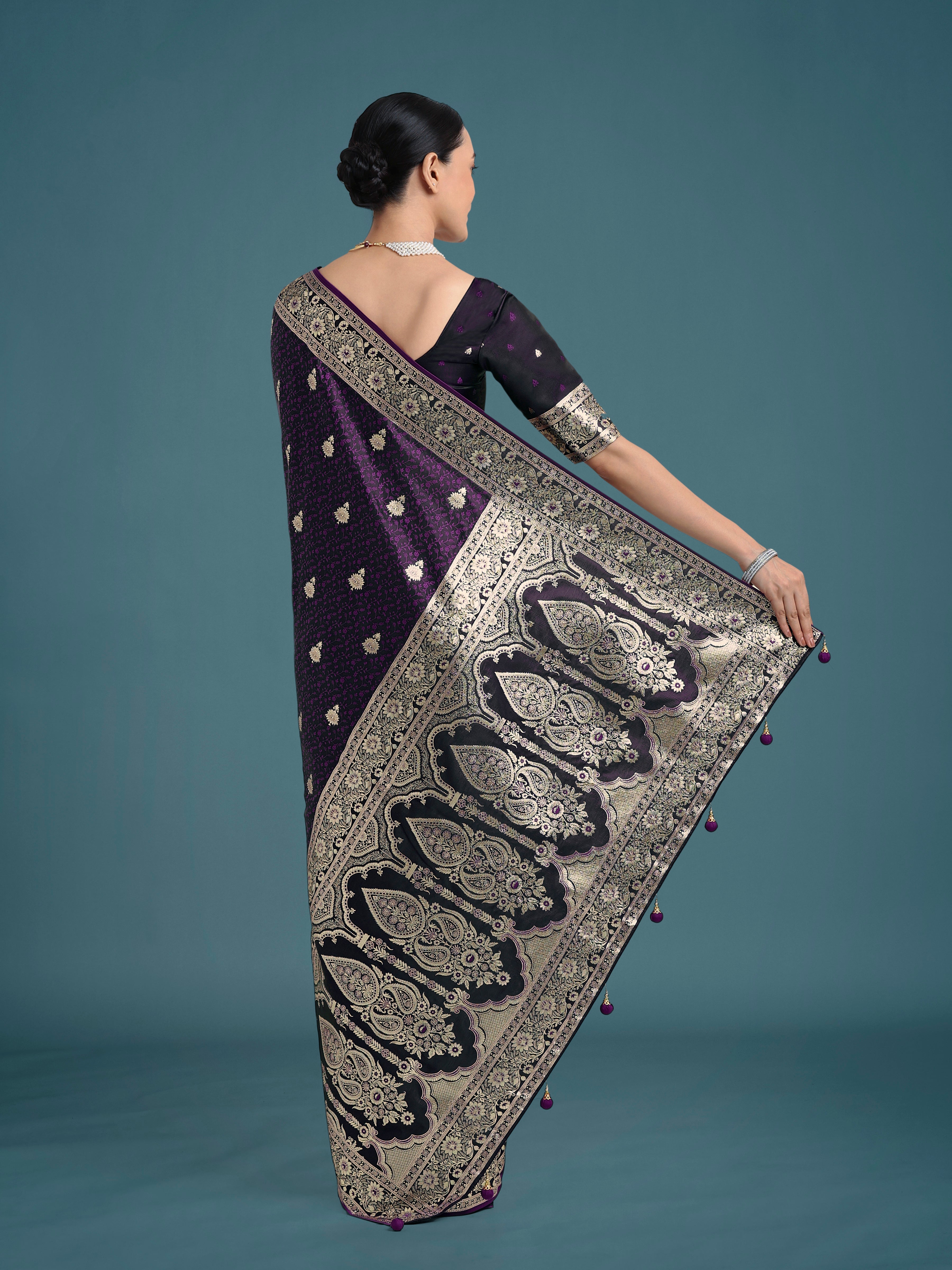 Purple Banarasi Satin Silk Saree with Intricate Zari Woven Work