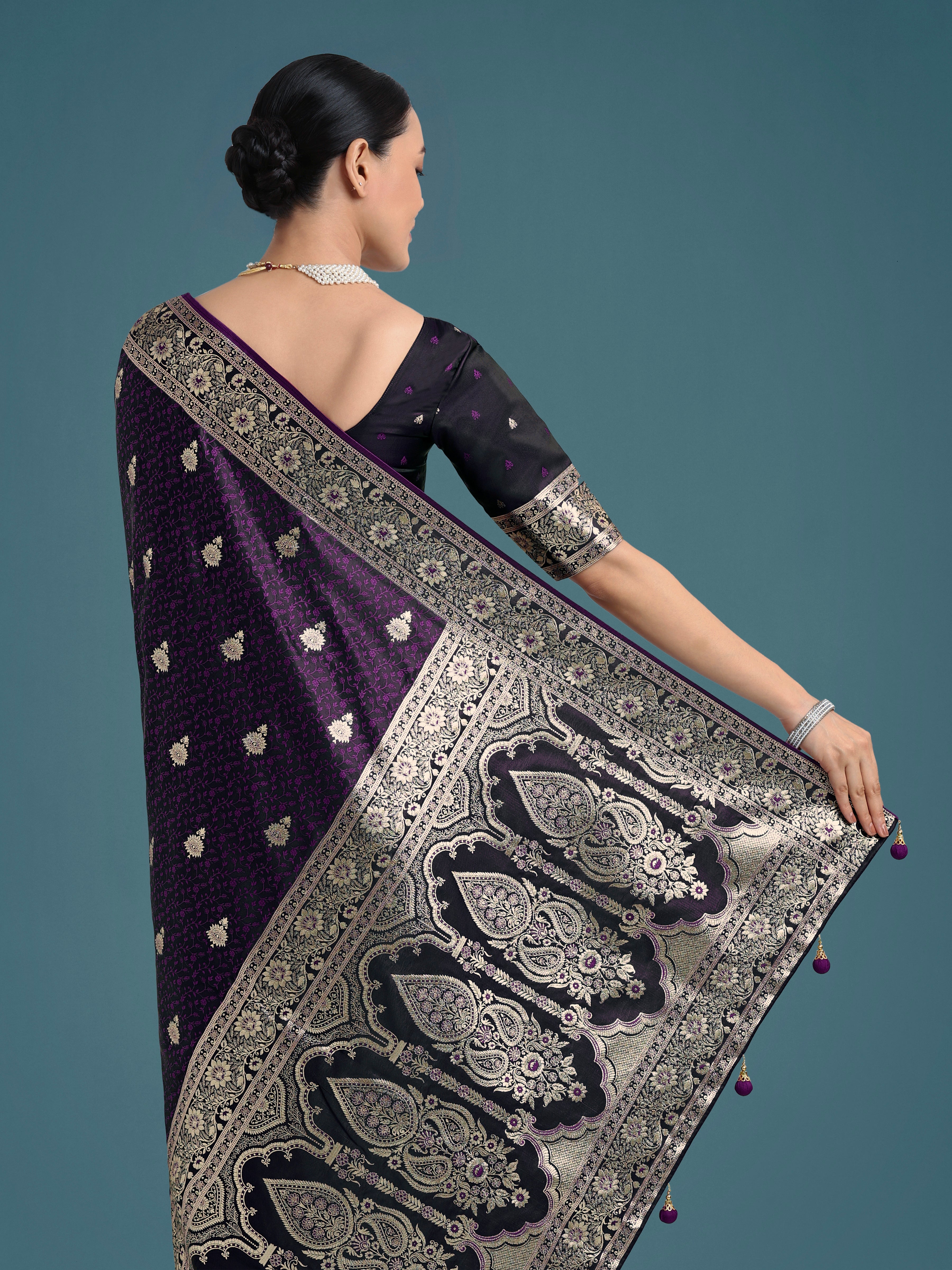 Purple Banarasi Satin Silk Saree with Intricate Zari Woven Work