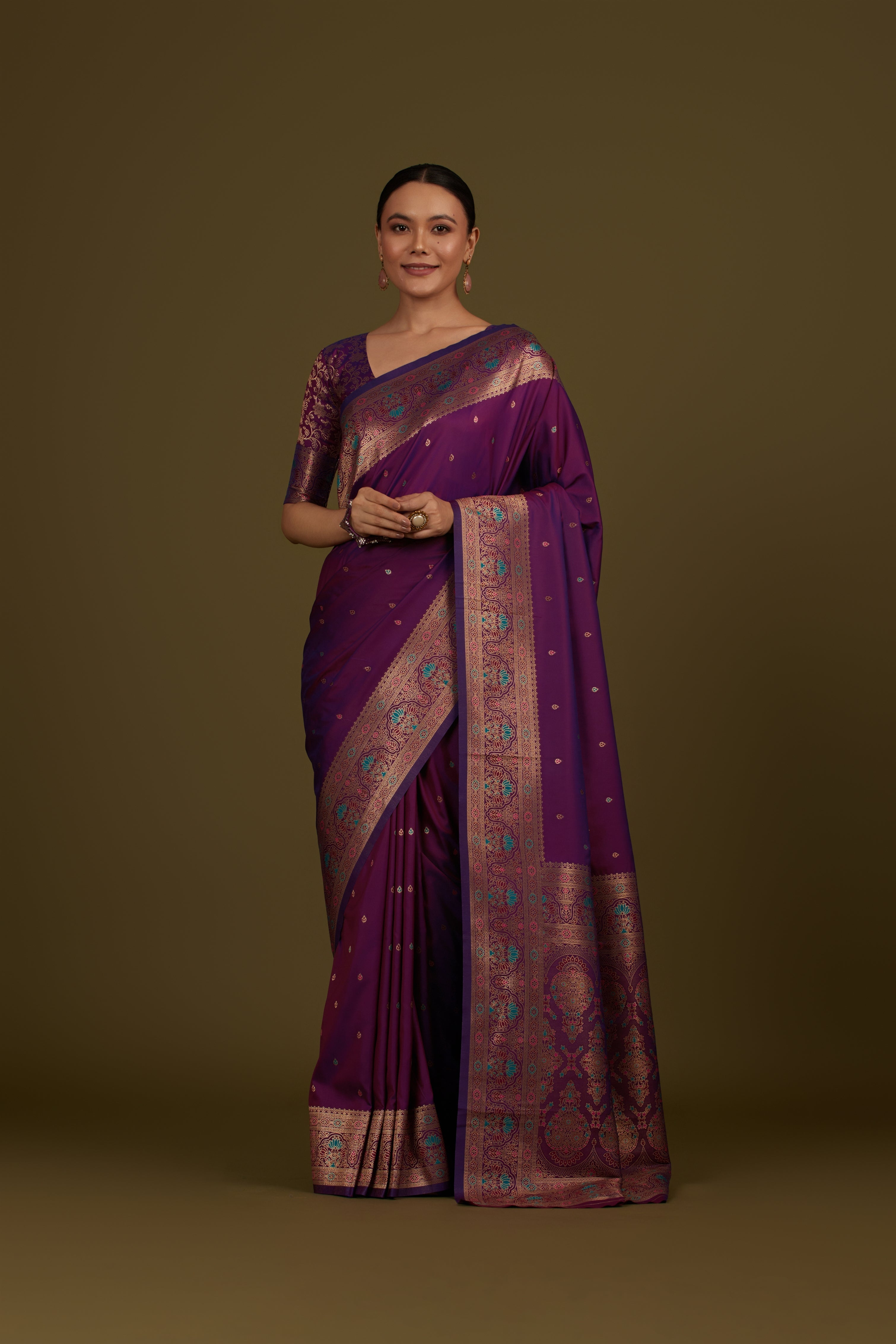 Purple Banarasi Silk Blend Brocade Motifs Zari Woven Saree