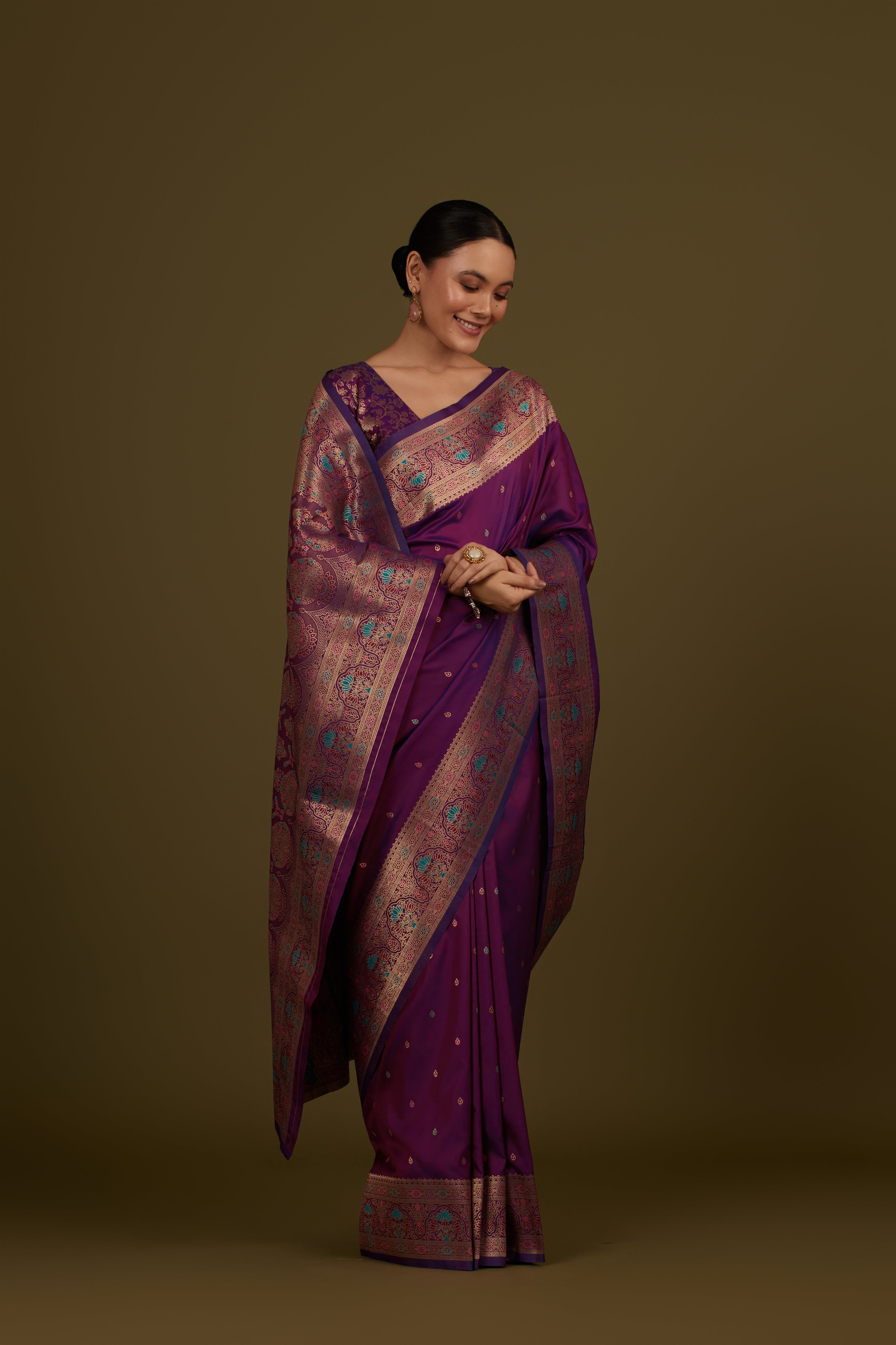 Purple Banarasi Silk Blend Brocade Motifs Zari Woven Saree